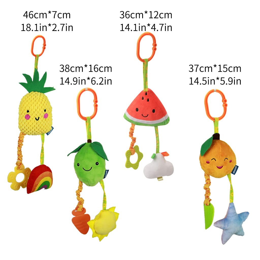 KAKIBLIN Baby Hanging Rattle Toys, 4 Pack Car Seat Stroller Toys Soft Squeaky Toy for Baby Newborn Infant Car Crib Travel Activity with Teether for Boys Girls, Toys for 0 3 6 9 12 Months, Fruits-A