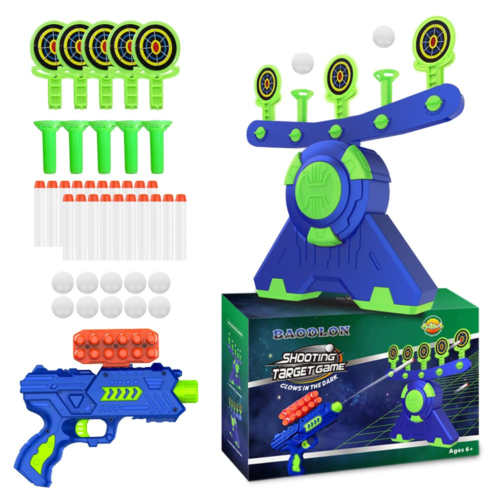 BAODLON Shooting Games Toy for Age 5, 6, 7, 8, 9, 10+ Years Old Kids, Boys - Glow in The Dark Floating Ball Target with Foam Dart Toy Gun, 10 Balls/5 Targets - Ideal Gift