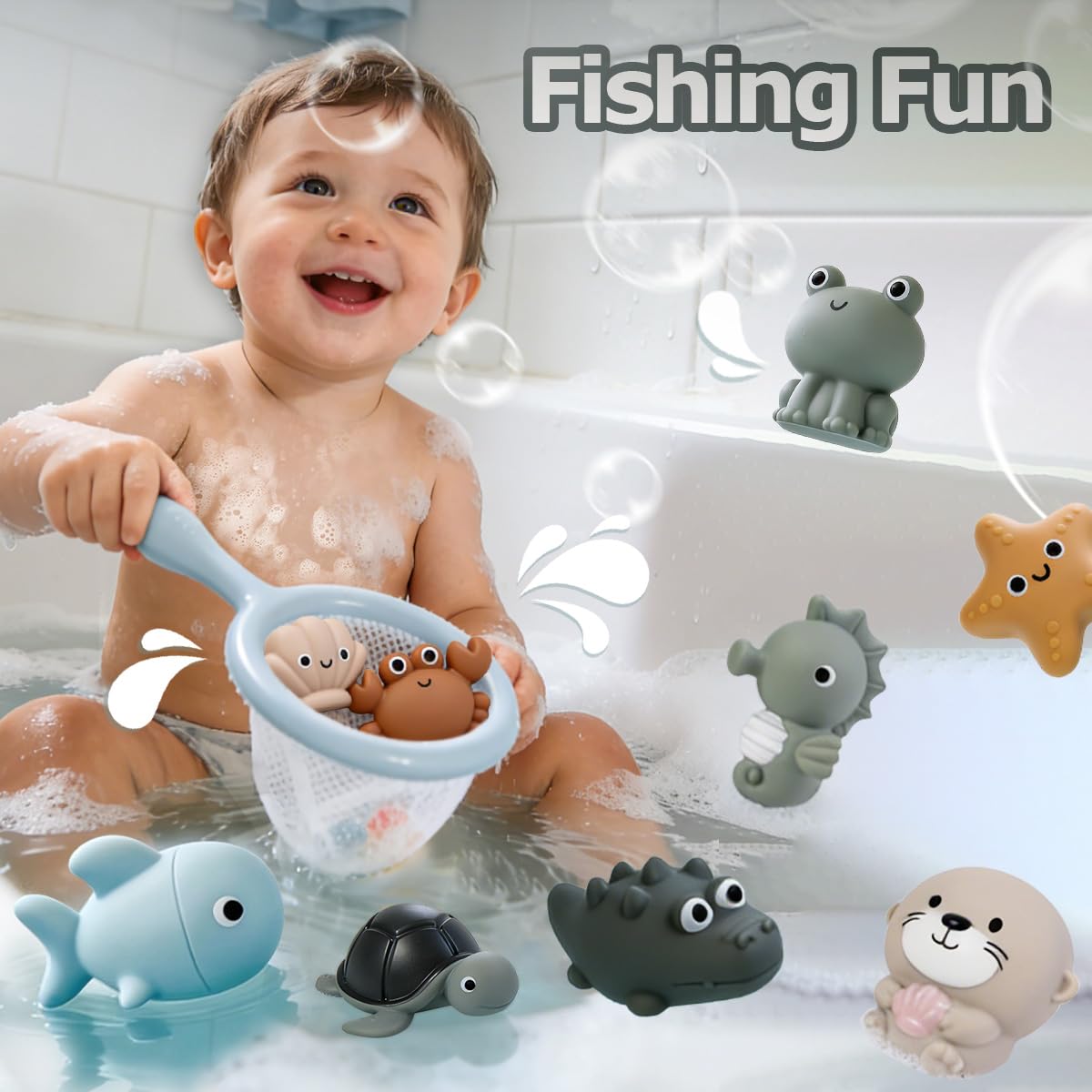 7PCS No Hole Mold Free Baby Bath Toys with Ocean Animals, Sealed Bathtub Toys for Infant with Spoons and Storage Bag, Soft, Float and Squeezeable Water Toy for Shower, Pool and Beach, Gift for 6-12M+