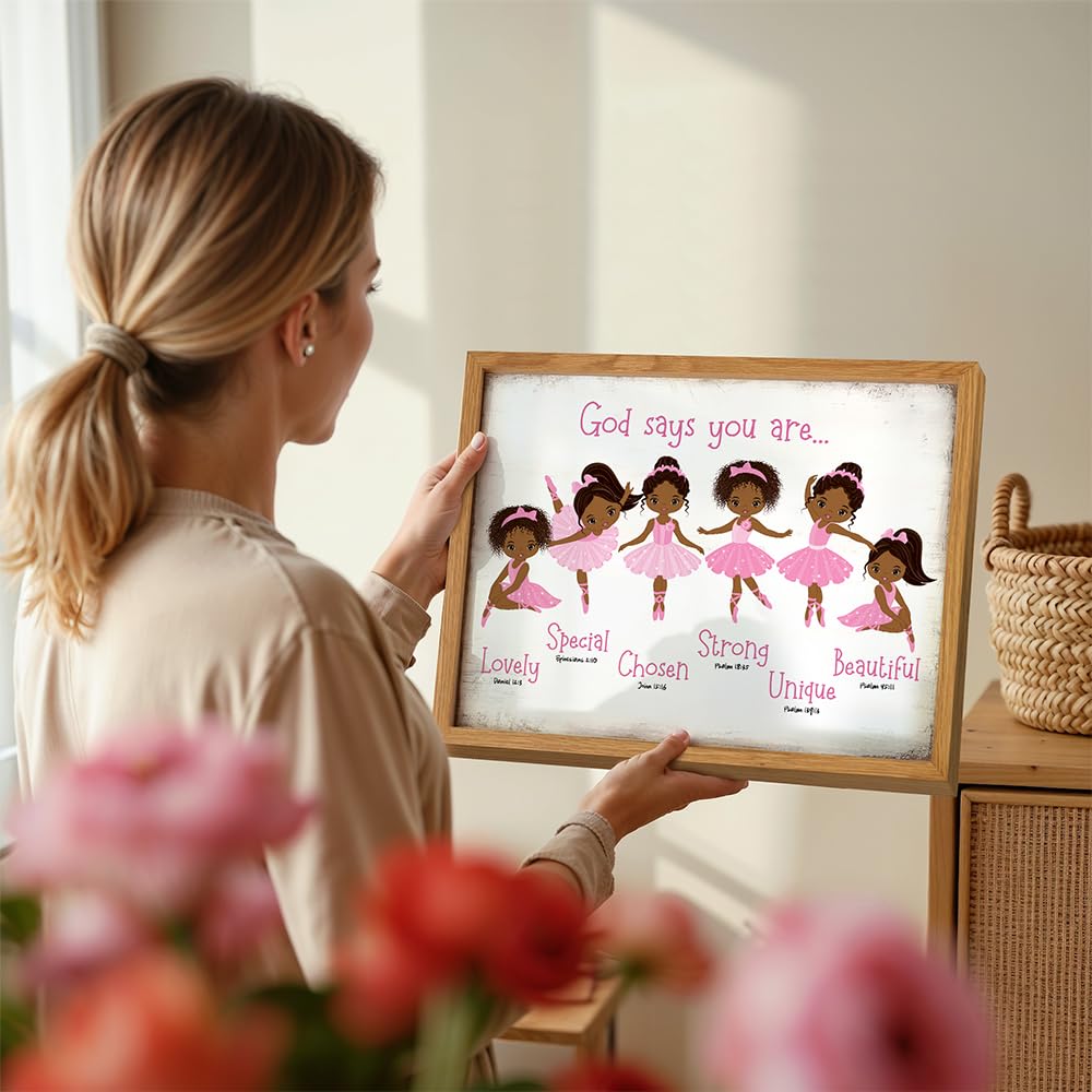 Black Afro African American Girl 11x14 FRAMED - God Says Christian Bible Verses Wall Art, Religious Room Decor, Toddler Little Girls Bedroom Decor, Pink Ballerina Baby Room Decorations, Daughter Gifts