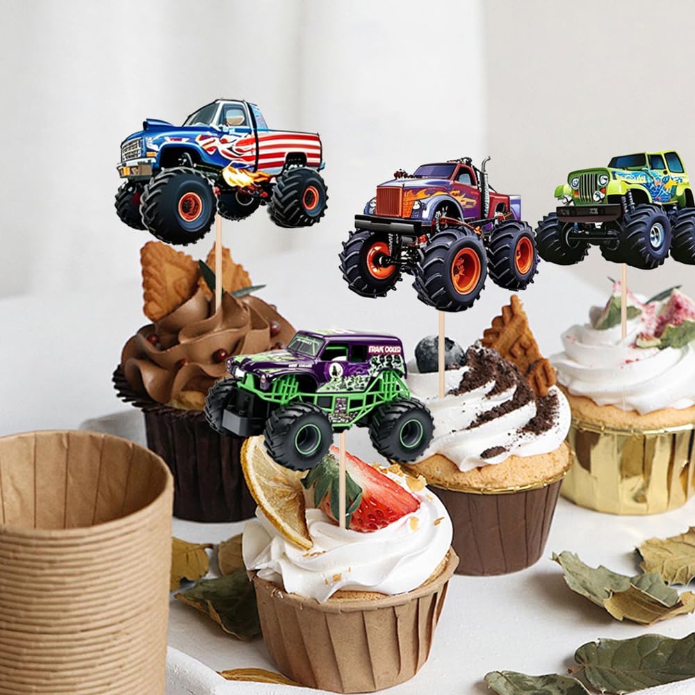 24 PCS Monster Truck Cupcake Toppers Truck Car Theme Birthday Party Decorations Racing Car Theme Birthday Decoration for Boys Girls Baby Shower Kids Cake Decorations Party Supplies
