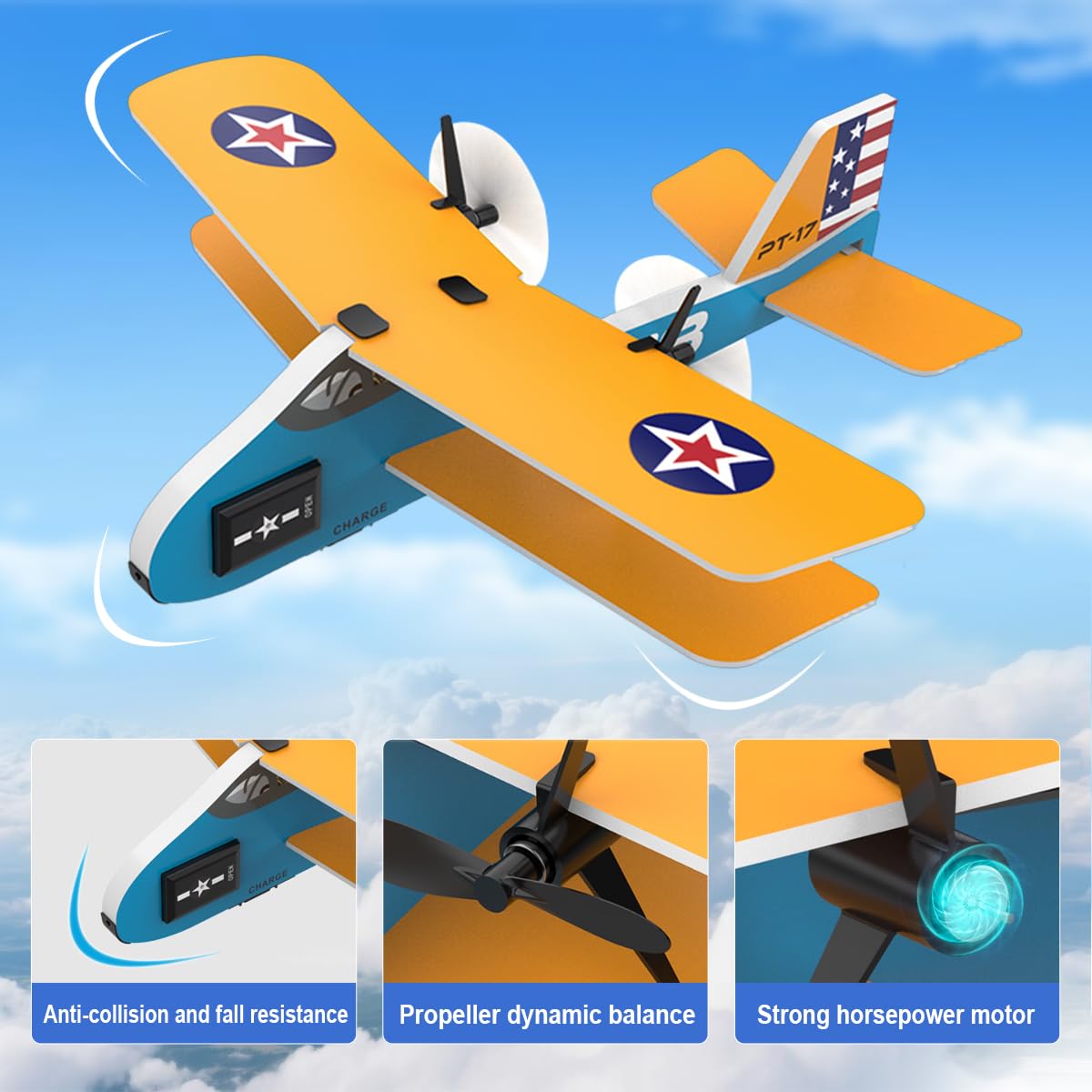 RoofWorld RC Plane 2. 4Ghz RC Airplane for Kids & Beginners Easy to Fly with 6-axis Gyro Stabilizer 2CH MPP Remote Control RC Glider Indoor/Outdoor STEM Toy for Boy Girl Pilots (Yellow Biplane)
