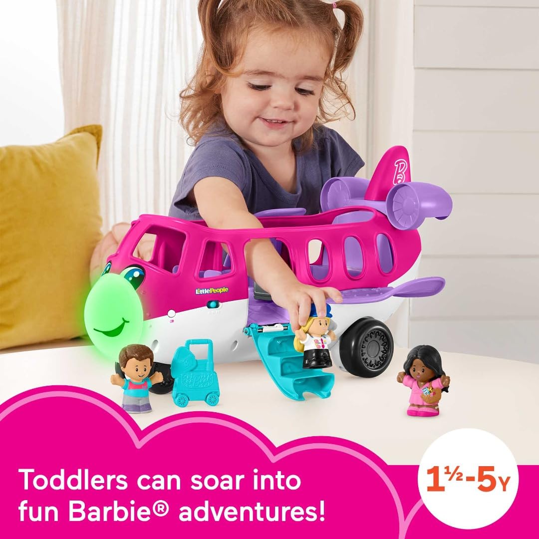 Fisher-Price Little Barbie Dream Airplane Presented By Little People With 1 Airplane, 1 Barbie, 1 Ken, 1 Pilot And 1 Luggage Element, Multilingual, Children's Toy, From 2 Years, HNK77