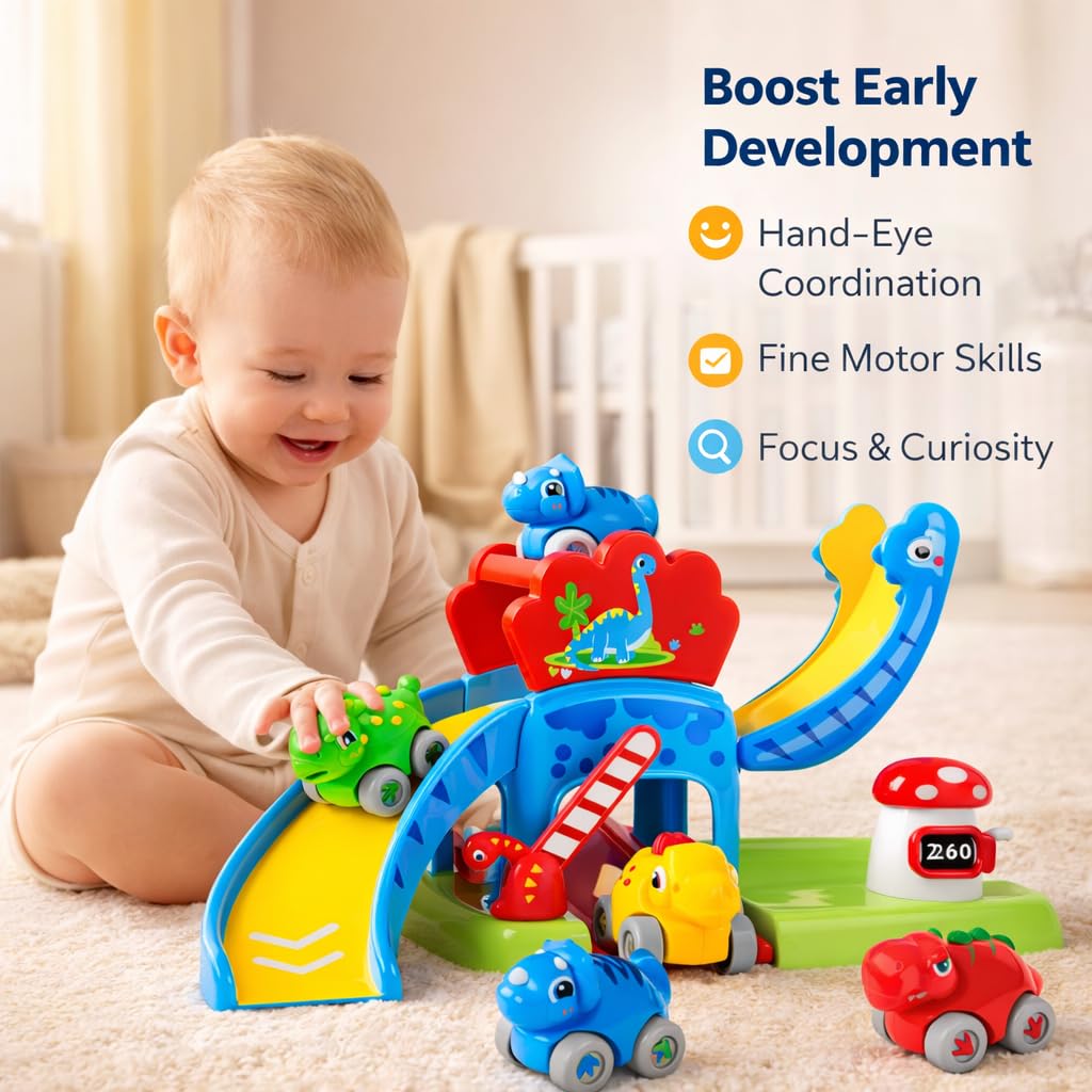 Dinosaur Car Ramp Toy for Toddlers 1-3, Drop & Go Ramp Racer with 4 Mini Cars, Educational Toy for 1 2 Year Old Boys Girls, First Birthday Gift