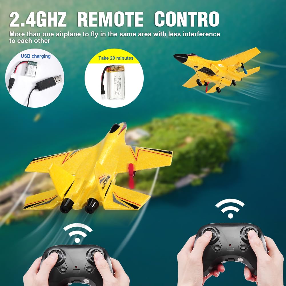 SU-27 RC Airplane,2.4GHz 2 Channel Remote Control Plane with Gyro Night Lights and 2 Batteries, Easy to Fly for Adults, Beginners and Kids Yellow Toy