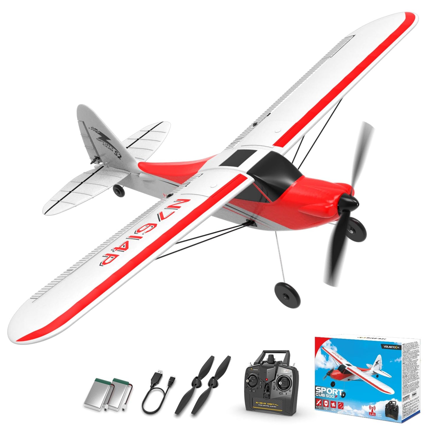 VOLANTEXRC RC Plane Trainer Sport Cub 4CH Remote Control Airplane with Prop Saver, 6-Axis Gyro Stabilizer & 3 Modes to Fly, Radio Controlled Aircraft RTF for Beginners & Adults (500mm,Red)