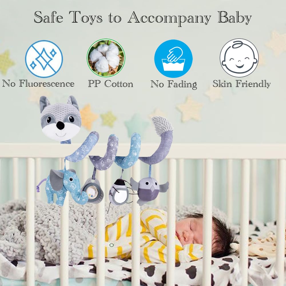 ORZIZRO Car Seat Toys, Baby Plush Spiral Hanging Toys for Stroller Crib Bar Bassinet Car Seat Mobile with Musical Owl BB Squeaker Elephant- Gray Fox