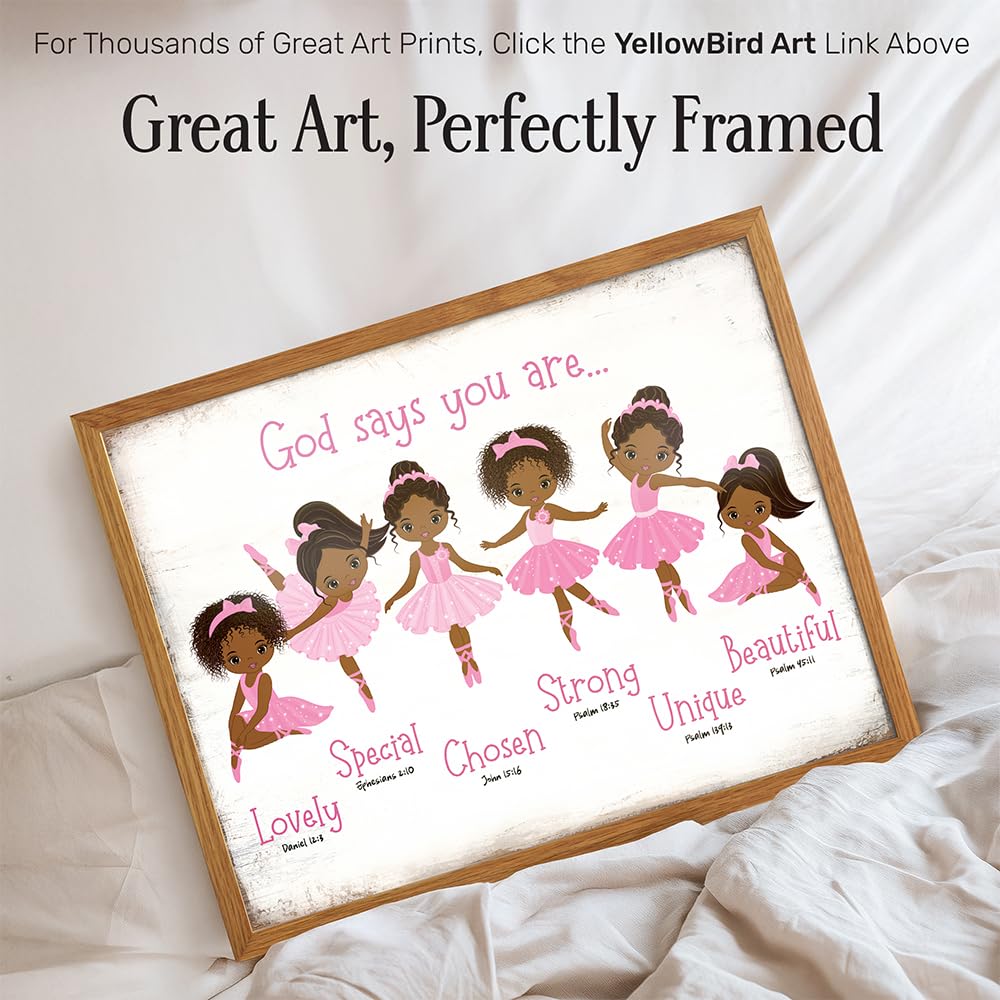 Black Afro African American Girl 11x14 FRAMED - God Says Christian Bible Verses Wall Art, Religious Room Decor, Toddler Little Girls Bedroom Decor, Pink Ballerina Baby Room Decorations, Daughter Gifts
