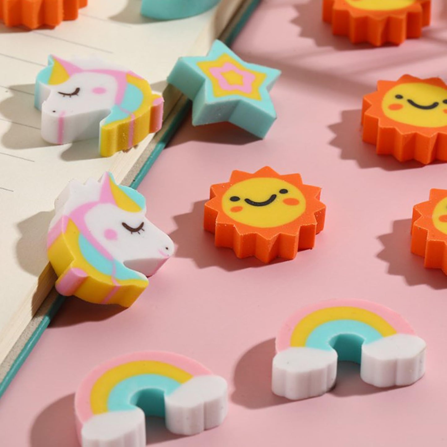 Wolpoark Unicorn Erasers for Kids 48pcs Bulk Rainbow Moon Star Cute Novelty Pencil Erasers for Thanksgiving Girls Student Ofiice Back to School Supplies Classroom Prizes Party Favors