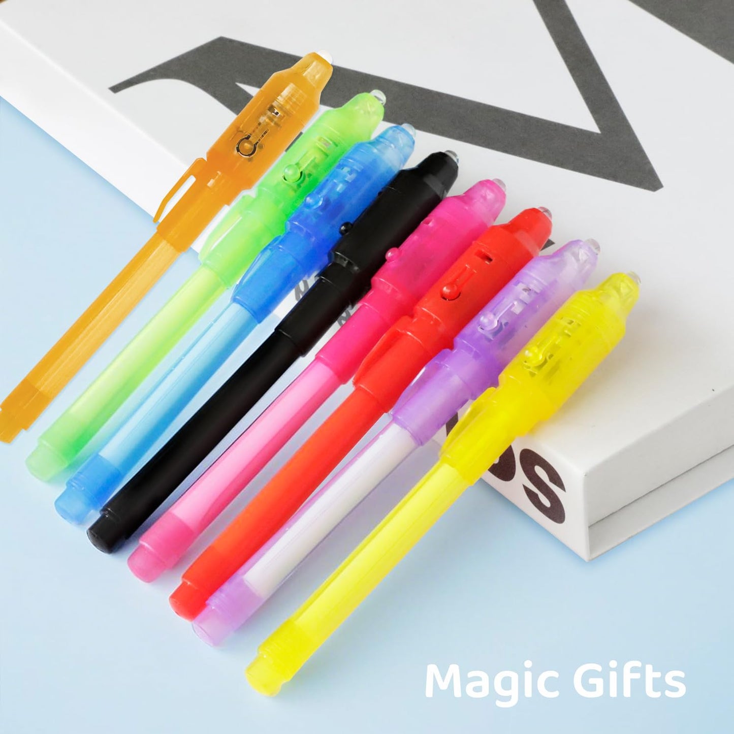 TIDALJAM 32 Pack Invisible Ink Pens with UV Light, 8 Colors Glow ， Secret Message Writing Detective Party Favors, Birthday Christmas Halloween Goodie Bag Stuffers Classroom Prizes School Supplies