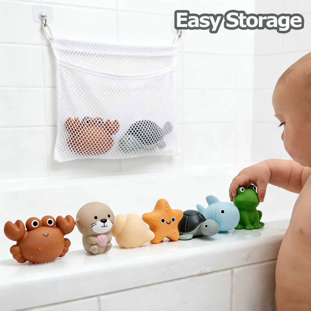 7PCS No Hole Mold Free Baby Bath Toys with Ocean Animals, Sealed Bathtub Toys for Infant with Spoons and Storage Bag, Soft, Float and Squeezeable Water Toy for Shower, Pool and Beach, Gift for 6-12M+