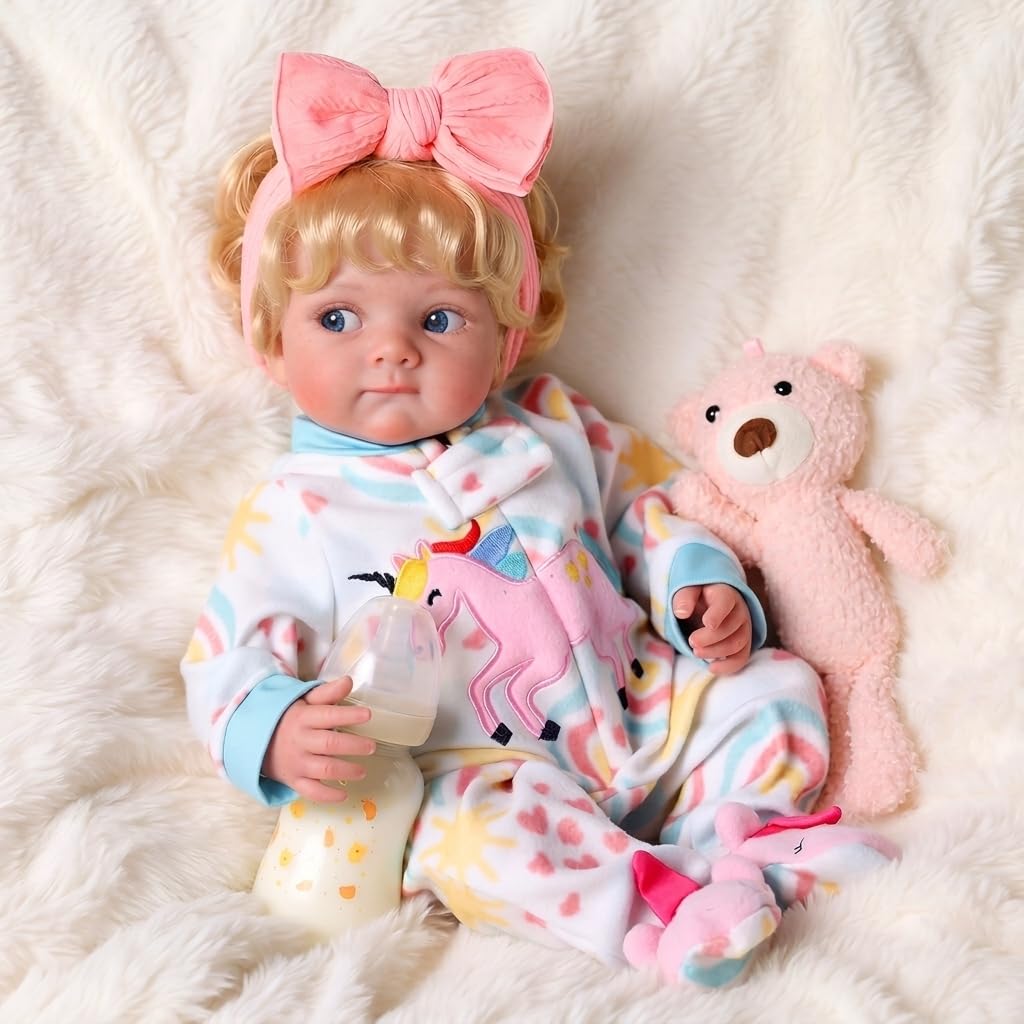 BABESIDE Reborn Baby Dolls with Moving Eyes,17 Inch Realistic Baby Doll Girl with Blond Curly Hair, Real Life Baby Doll with Accessories, Gift for Kids 3+ Pretend Play, Collection