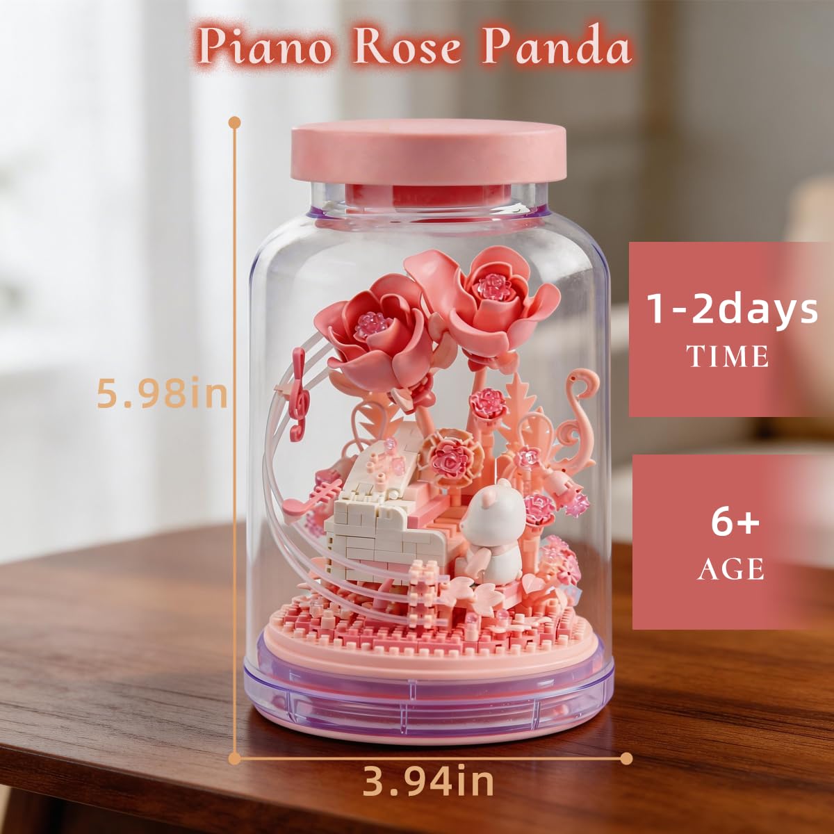 Insgen DIY Panda Piano Rose Blossom Music Building Block Set, Micro Bricks Model Kit for Adults Teens, Home Office Shelf Decor, Detailed Simulation Miniature Craft (Panda Piano Rose)