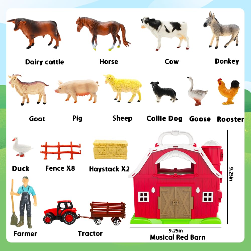 Red Barn Toys for Toddlers 1-3, Farm Animal Figures Playset with Tractor for 2 3 4 5 Year Old Kids, Musical Preschool Montessori STEM Learning Toys, Easter Christmas Birthday Gifts for Boys Girls