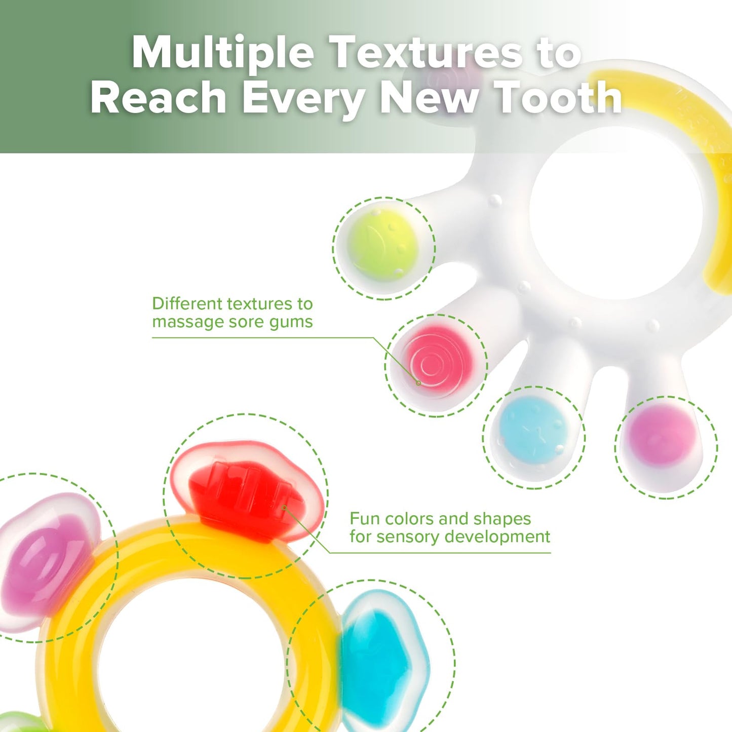 Haakaa Silicone Teether Set-Baby Freezer Teething Toy-Twin Flower Teether,Nipple-Shaped End for Gum Massage,360° Baby Toothbrush Head for Self-Brushing Training