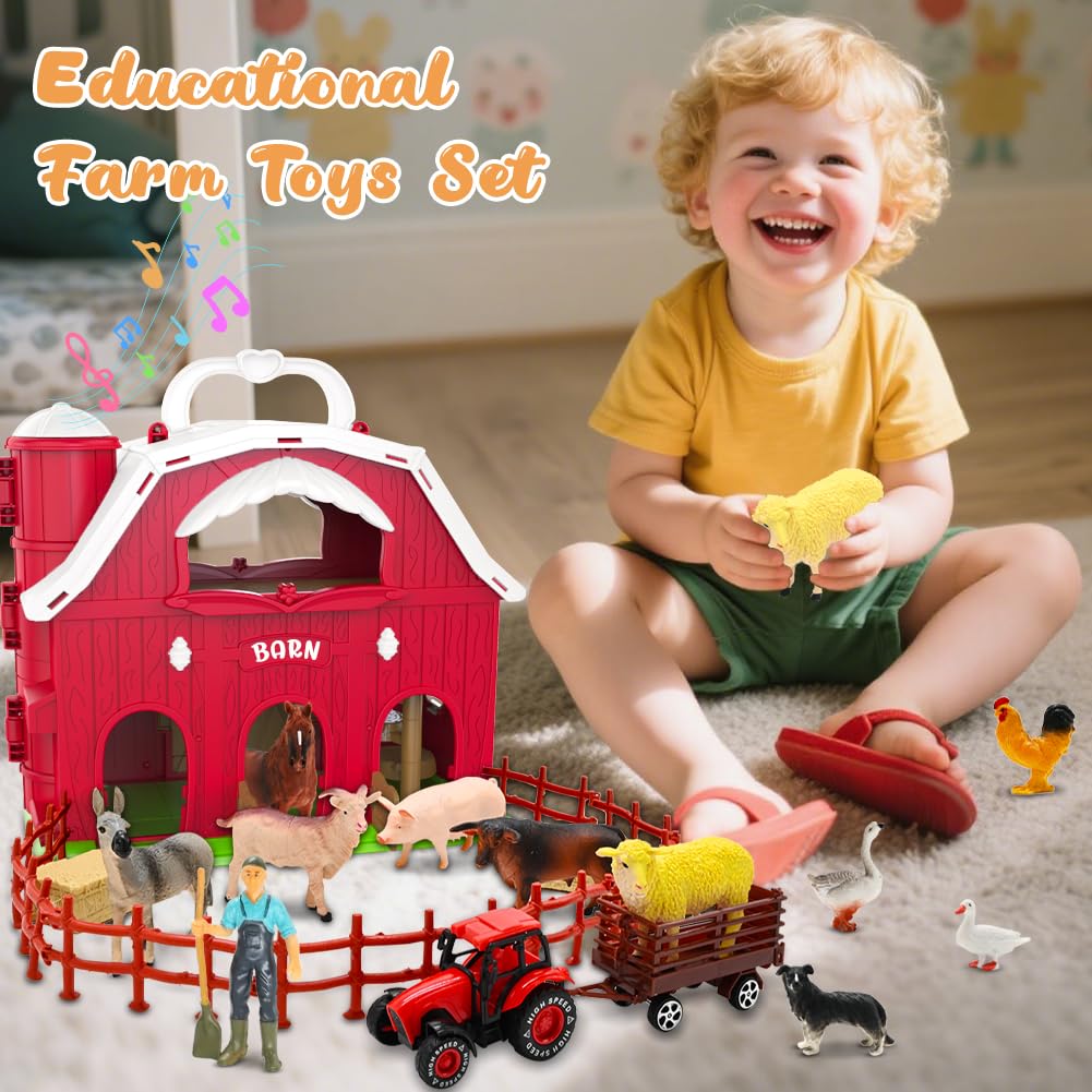 Red Barn Toys for Toddlers 1-3, Farm Animal Figures Playset with Tractor for 2 3 4 5 Year Old Kids, Musical Preschool Montessori STEM Learning Toys, Easter Christmas Birthday Gifts for Boys Girls