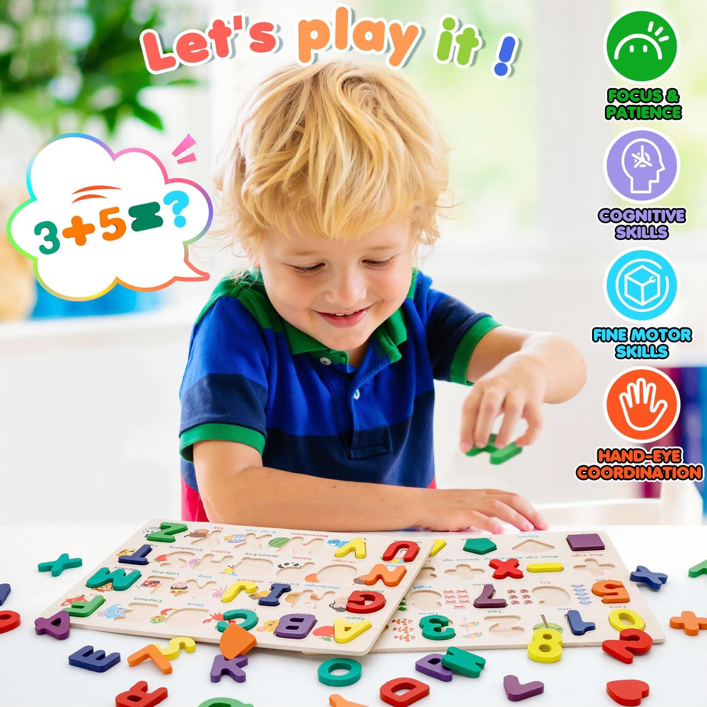 Attmu Wooden Puzzles for Toddlers, 2 Pcs Alphabet Puzzle ABC Shape Number Puzzle Patterns, Learning Toys for Kids, Preschool Educational Activities Toddler Gift Toys for Girls Boys Christmas Easter