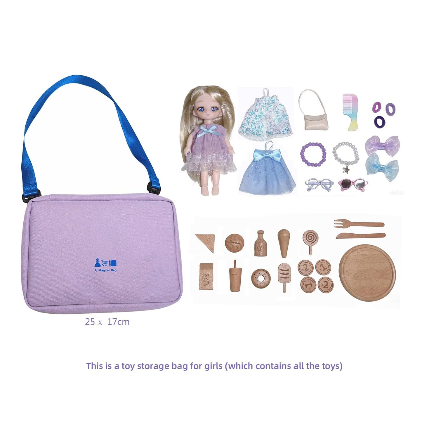 Girls Educational Travel Toy, Convenience Store Cash Register Pretend Play Set with Realistic Play Food, Doll Dress-Up Outfits and Accessories, Portable Kids Toy Storage Bag, Birthday Gifts for 3-8