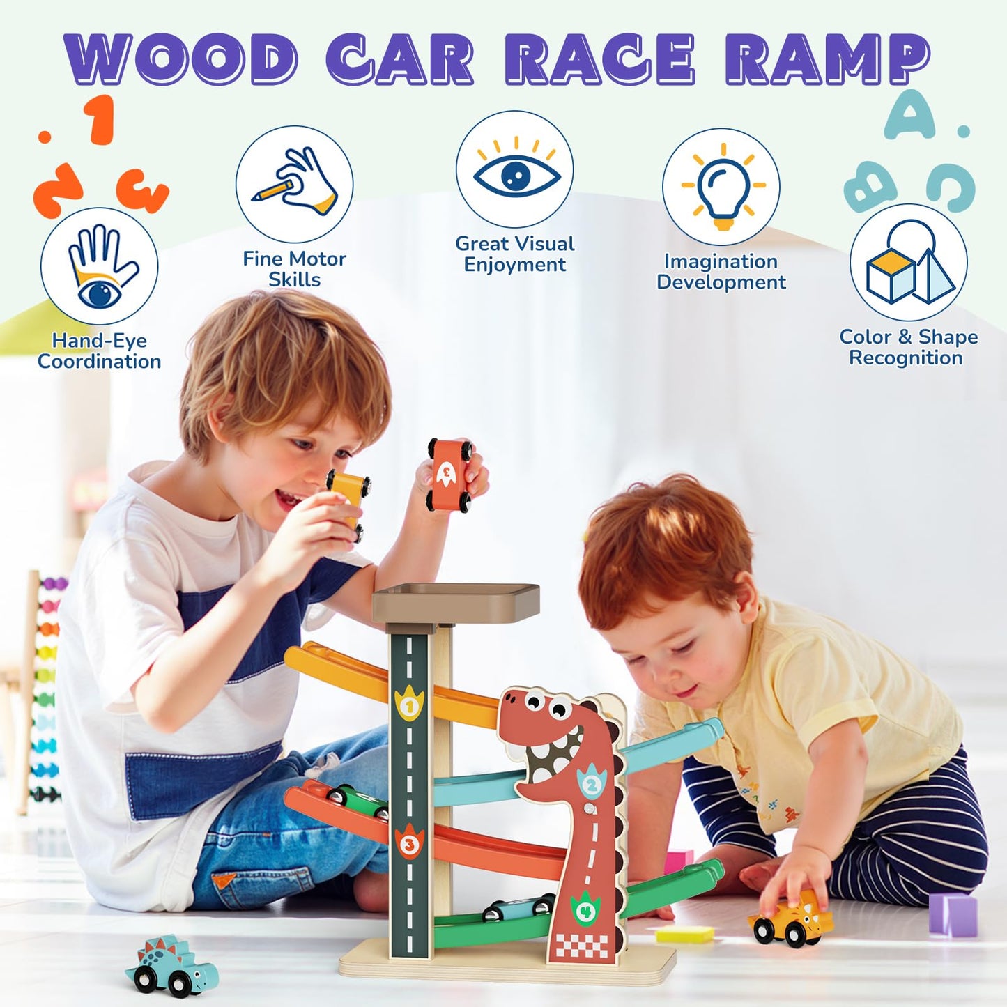 Paisure Wooden Car Ramp Toy for Toddlers 1-3, Montessori Toy with 6 Cars (Dinosaur & Racing), 4-Level Car Ramp Race Track, Toddler Toy & 1 Year Old Birthday Gift