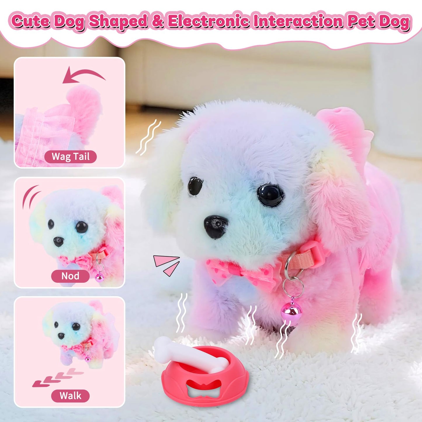 Learn2M 13Pcs Dog Toys for Kids Girls, Pretend Puppy Stroller Playset for Toddler, Electronic Interactive Walking Barking Dog Toy, Pet Care & Feeding Accessories Birthday Gifts for Little Girl 3 4 5 6