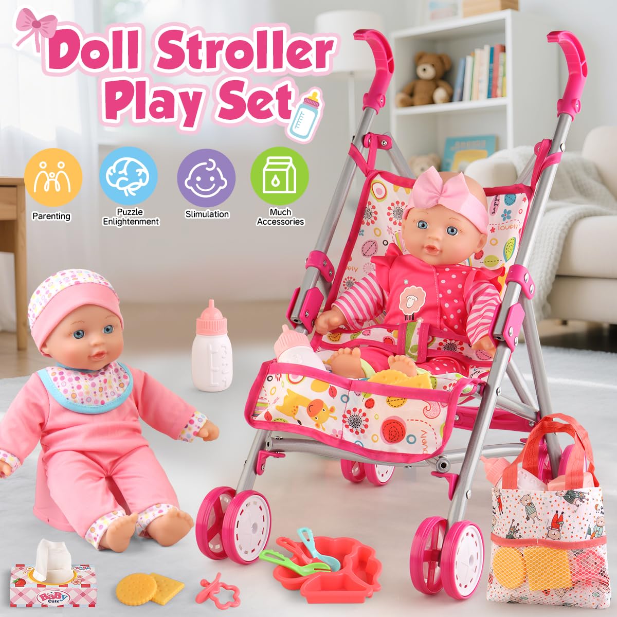 YIYBM Baby Doll with Stroller Set with 12.5" Baby Dolls, Handbag, 2 Sets Doll Clothes and 16 PCS Doll Accessories. Baby Stroller Toys for Toddler Girls Kids Ages 3-5 4-6 for Pretend Play.