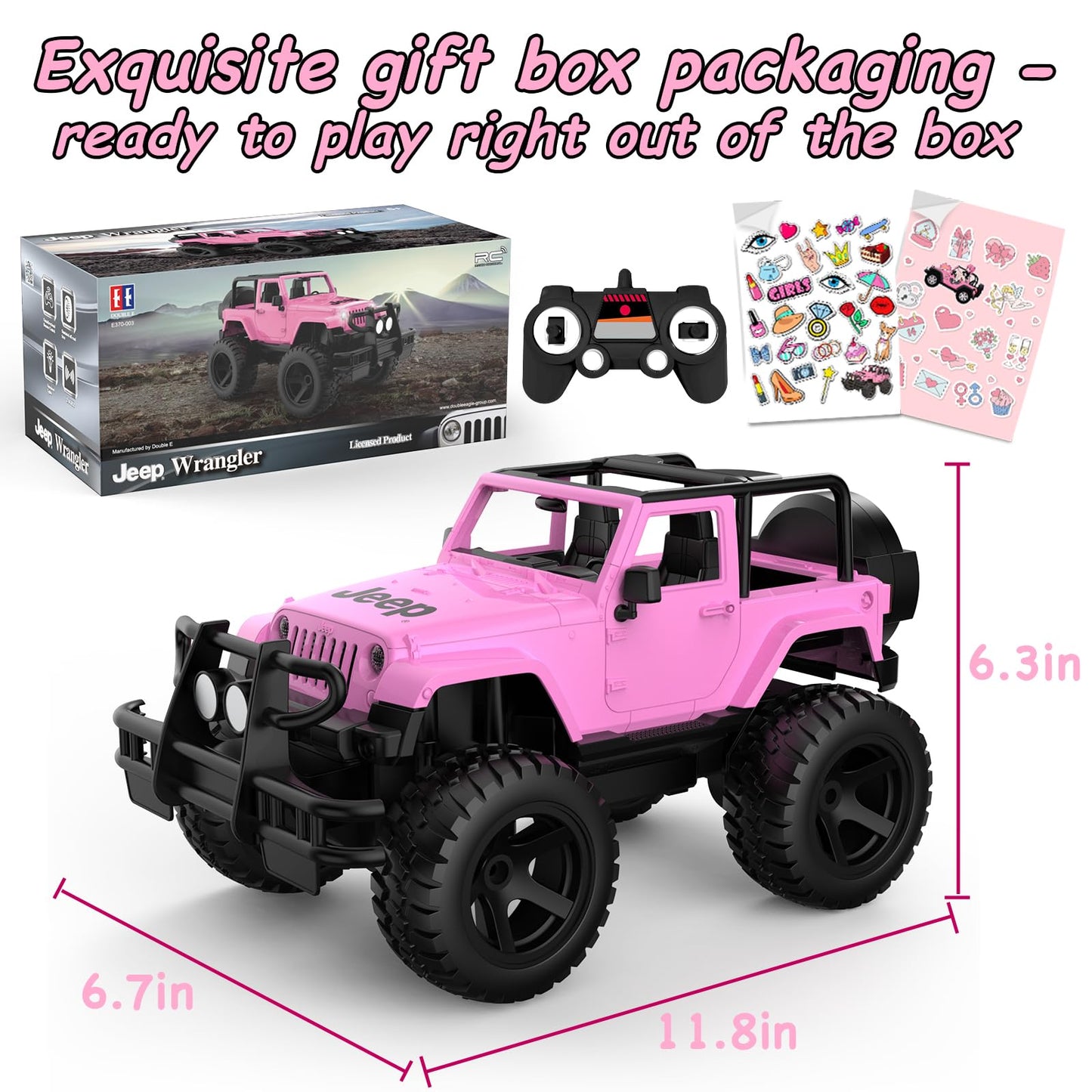 DOUBLE E Jeep Licensed 1:14 Scale Pink Remote Control Car for Girls with 2*DIY Stickers, Open-top Design RC Jeep, 80Min Play 2.4Ghz Off Road RC Trucks with LED Lights, Birthday/Xmas Gifts for Girls 6+