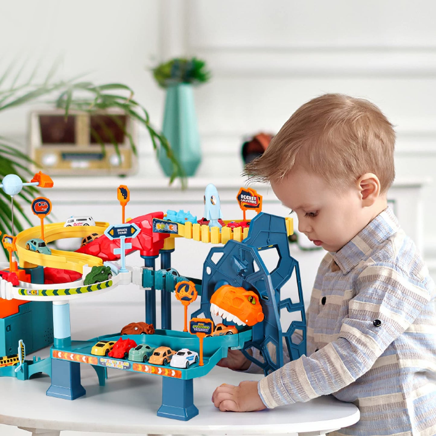 RedCrab Kids Space Car Playset Toy Ramp Track Set,Winding Highway Space Dinosaur Hill Toy,Light and Music Educational Toys for Age3+ Boys Girls with 4 Mini Cars & Map,Good Gift for Birthday Christmas