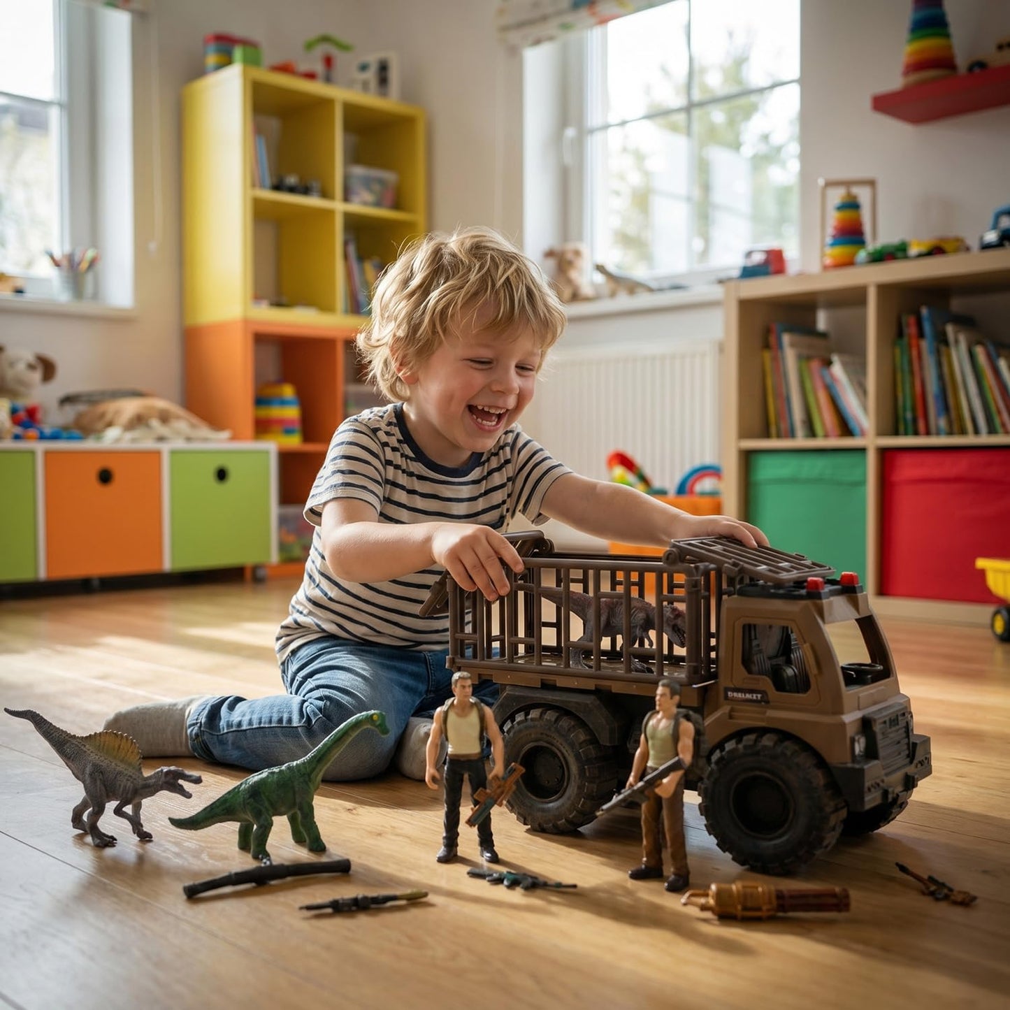 CUTE STONE Dinosaur Truck Toy with Army Soldiers Toy and 4 Dinos, Push and Go Transport Carrier Playset, Gift for 3+ Year Old Boys and Toddlers
