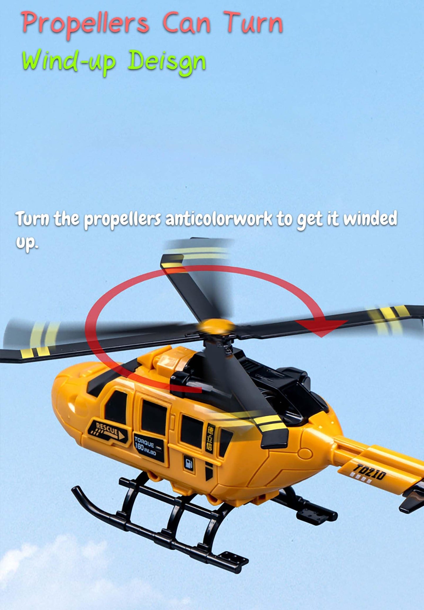 Rinnland Rescue Helicotper Toy for Kids with Wind-up Propellers, 1 DIY Pilot Figure Included – Cockpit Door Can Open