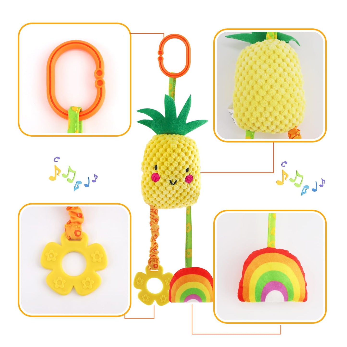 KAKIBLIN Baby Hanging Rattle Toys, 4 Pack Car Seat Stroller Toys Soft Squeaky Toy for Baby Newborn Infant Car Crib Travel Activity with Teether for Boys Girls, Toys for 0 3 6 9 12 Months, Fruits-A