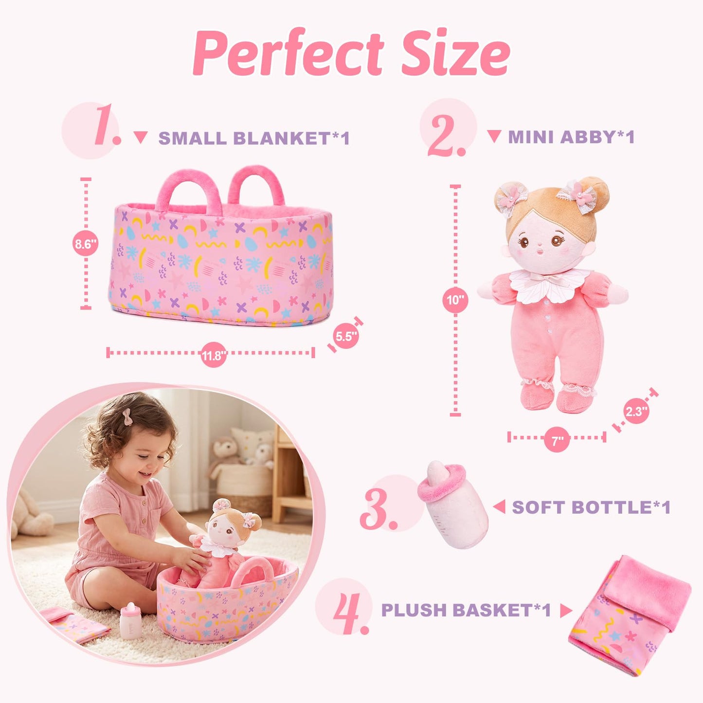 OUOZZZ 10" Soft Baby Doll Accessories with Plush Doll, Bassinet, Blanket and Bottle, Toys for 2 Year Olds Girls Birthday Gift, Interactive Pretend Playset for Preschool Gametime Pink