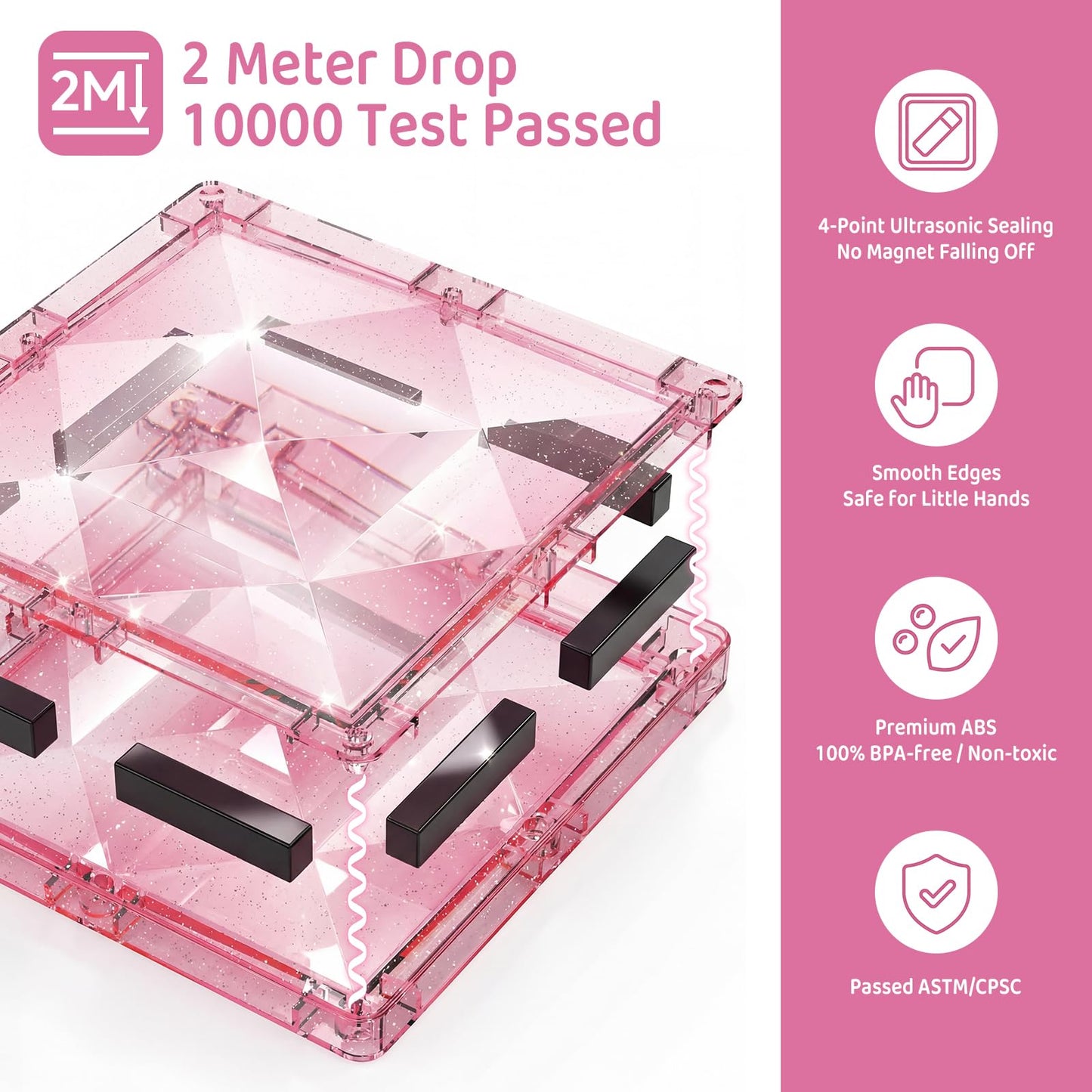 STEM MATCH Magnetic Tiles Girls Travel Toy: 42 PCS Pink Glitter Building Blocks Castle Tin Box - 120 Mins Quiet Play 60s Cleanup - Toddler Kids Gift Age 3 4 5 6