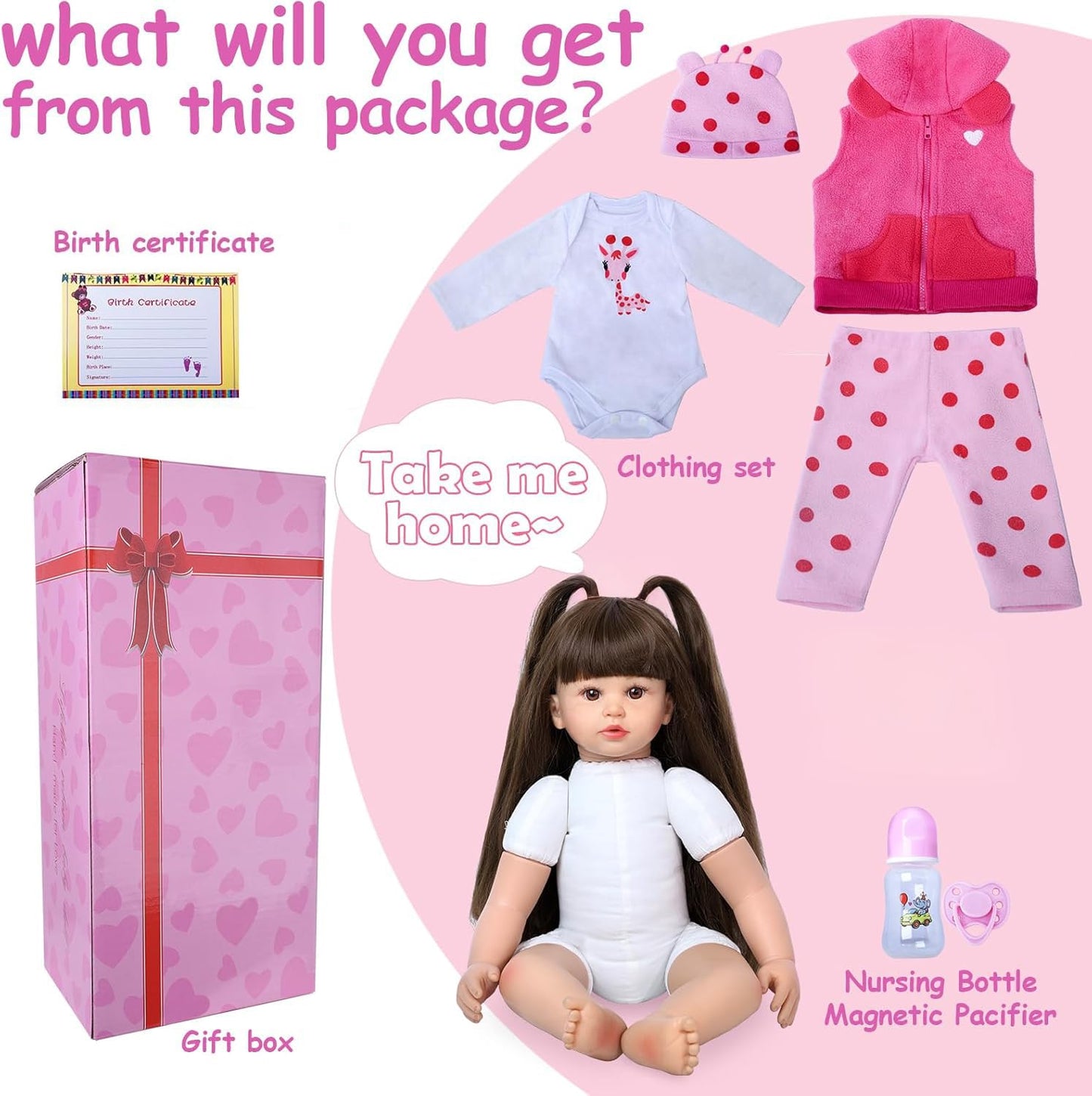 Kdudgso Reborn Baby Dolls 24 Inch Realistic Toddler Silicone Baby Doll Girl with Long Hair in Gift Box, Weighted Lifelike Babe Muñecas Niñas, Feeding Toys, Birth Certificate Accessories for Age 3+