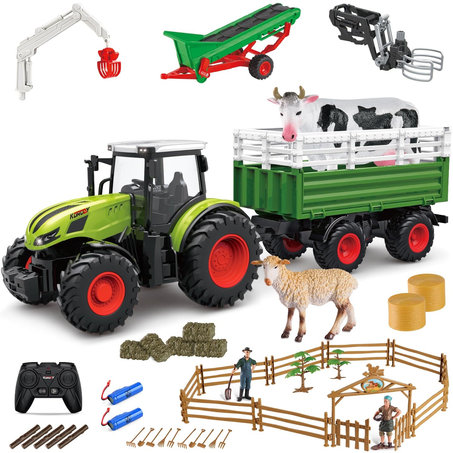 fisca Kids Remote Control Tractor Farm Playset, 2.4Ghz RC Tractor with Trailer and Conveyor, 45PCS Farm Toys Set with Farm Animals Figurines Fences Farmers for Kids Age 3 4 5 6 Years Old