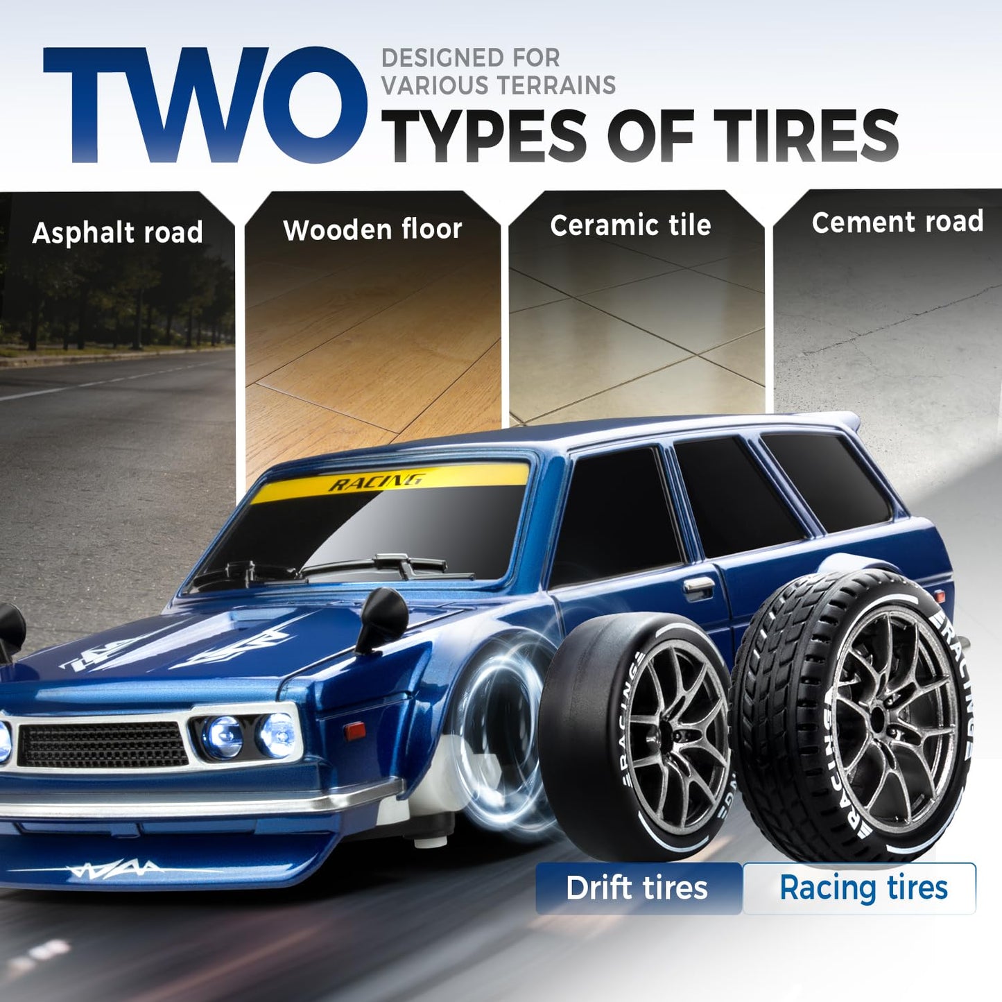 Nowzeth RC Drift Car, 1/24 Remote Control Drift Car for Adults Kids, 20KM/H 4WD Low/High Speed RC Cars with LED Lights, Extra Drifting Tires, Vehicle for Boys Girls Beginners Indoors Outdoors Blue
