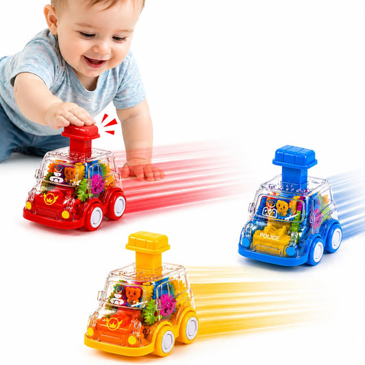 Toy Cars for Toddlers 1-3, 3 Pack Transparent Gear Press and Go Friction Powered Cars, No Battery Push Go Baby Car for 1 Year Old Boys Girls, First Birthday Gift