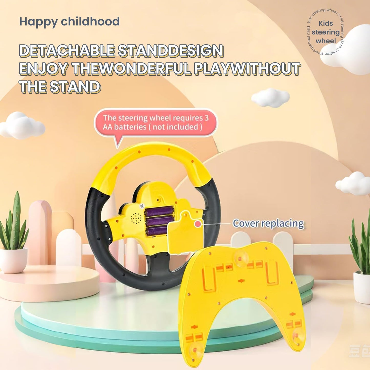 YIYZAOF Kids Steering Wheel Toy for Car Backseat with Light and Music,Suction Cups Base-Interactive Simulated Driving Toy Steering Wheel for Kids Boys Girls,Yellow