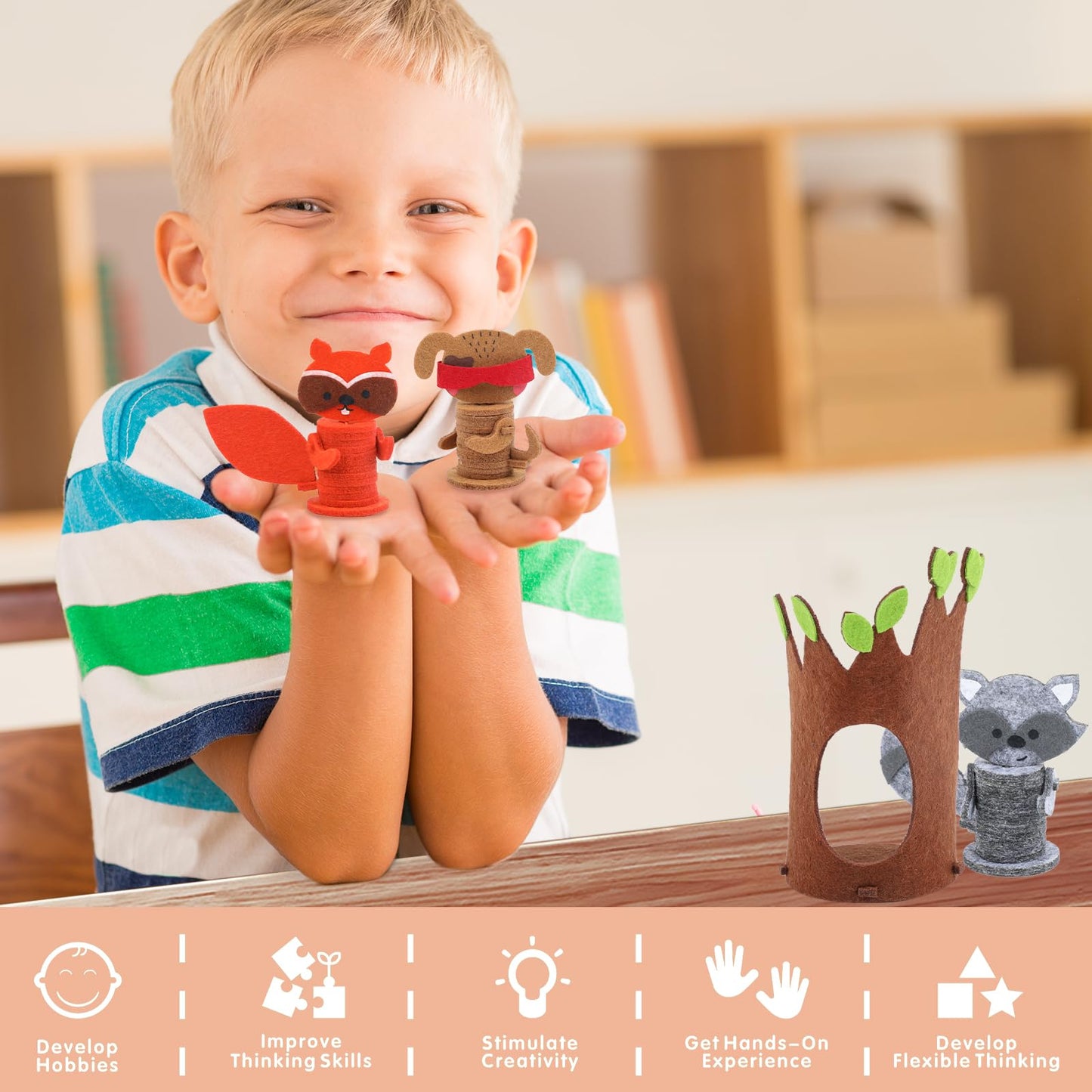 Coola Animal Hide & Seek Craft Kit - 8Pcs Preschool Beginner's DIY Toy Set for Kids Ages 3-6, Includes Cat, Dog, Giraffe, Raccoon, for Boys & Girls 4-8 Years
