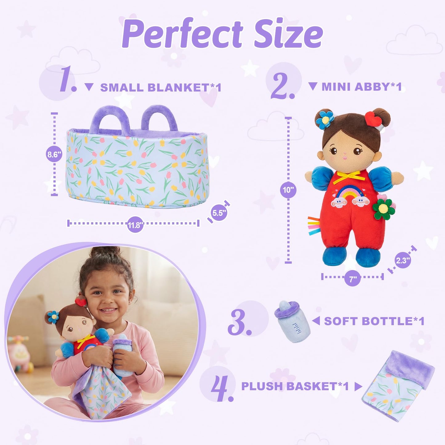 OUOZZZ 10" Soft Baby Doll Set, Hispanic Baby Doll Accessories Toys for 2 Year Olds Girls Birthday Gift, Interactive Pretend Playset for Preschool, Home