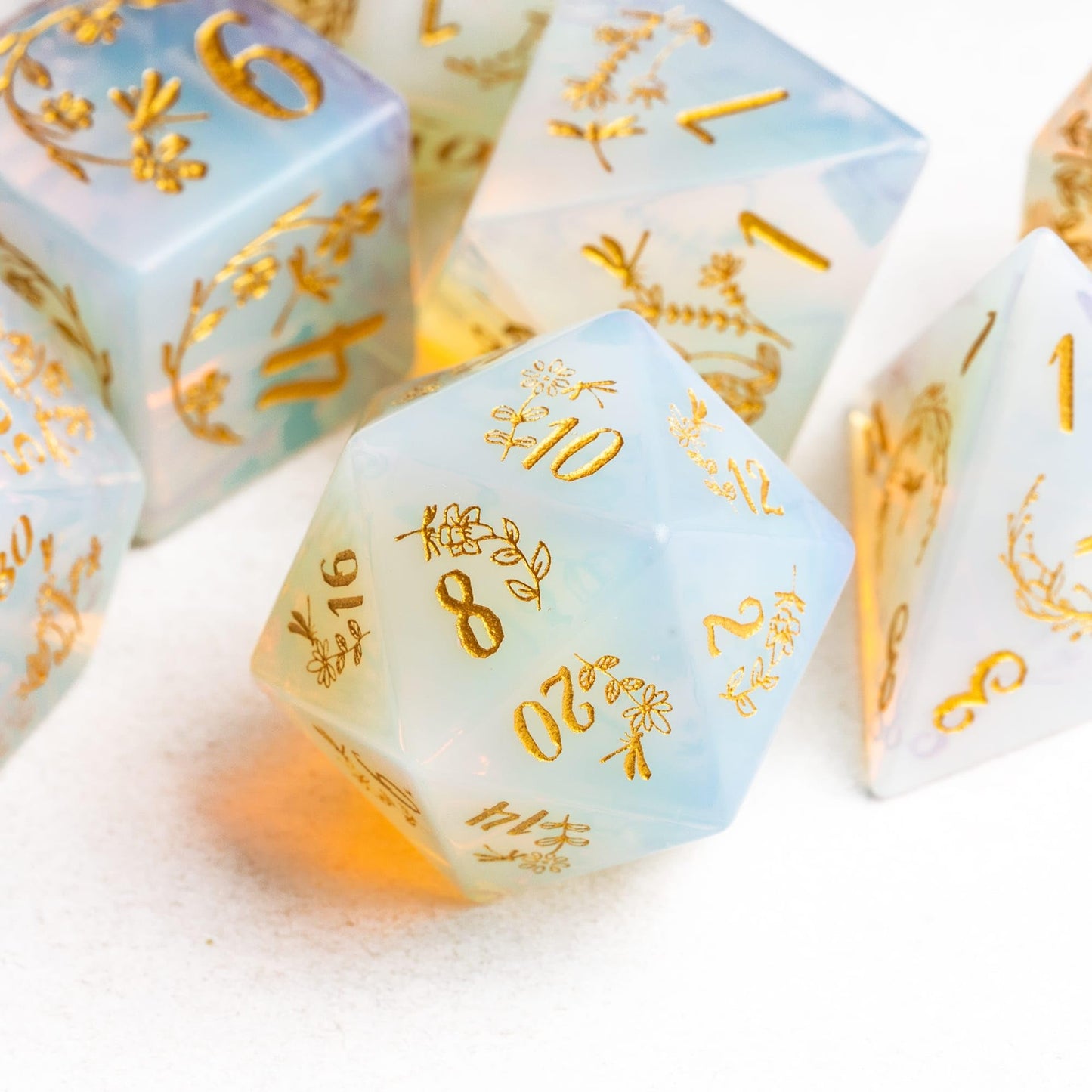 UDIXI Opal Stone DND Dice Set, 7PCS Gemstone Dice Set D&D with Gift Case for Role Playing Games and Tabletop Games (Dragonfly and Flower)