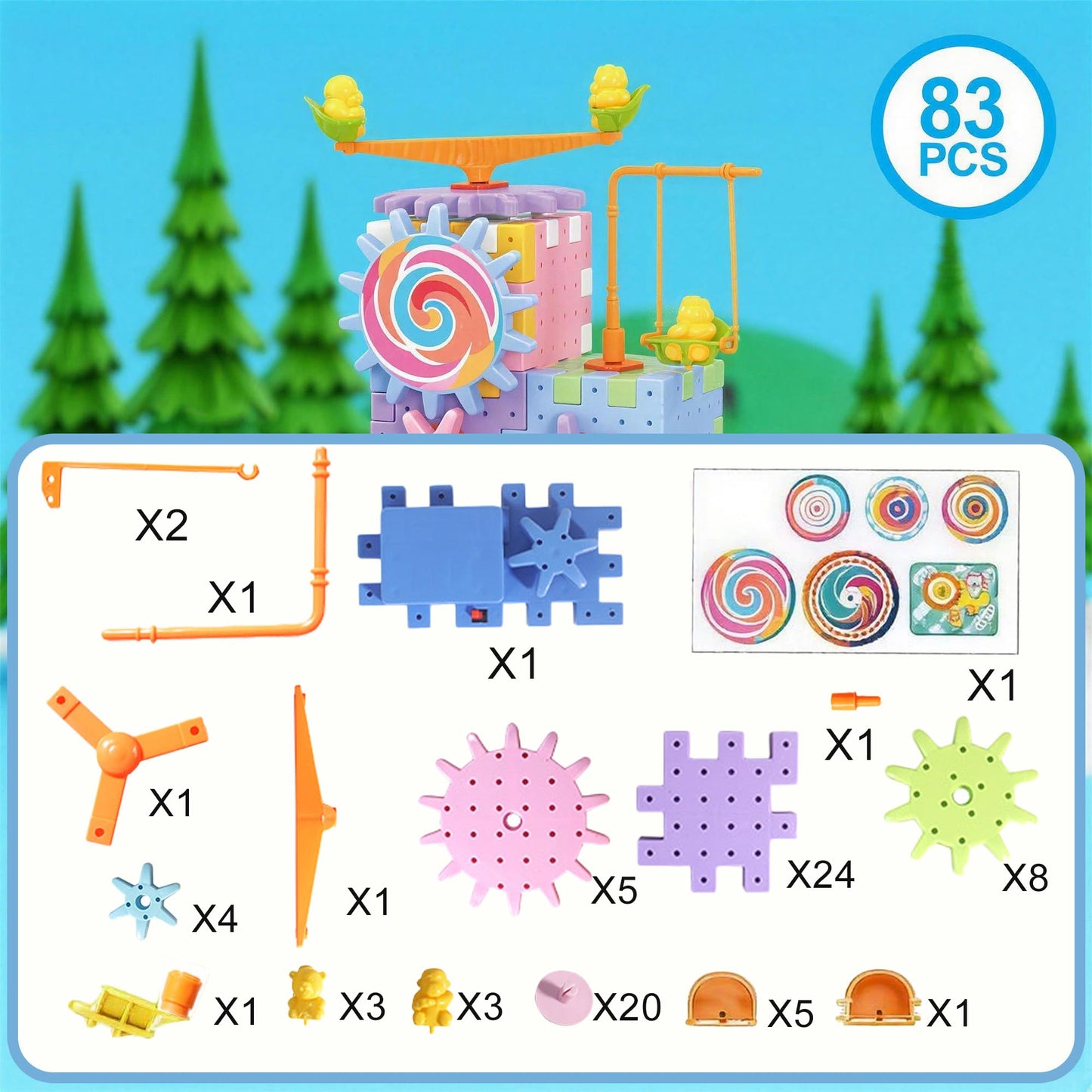 RivanPal 83 Pieces Gear Building Blocks Set Kids Tool Set, Colorful Interlocking Gears and Puzzle Pieces, Creative Construction Toy, STEM Learning