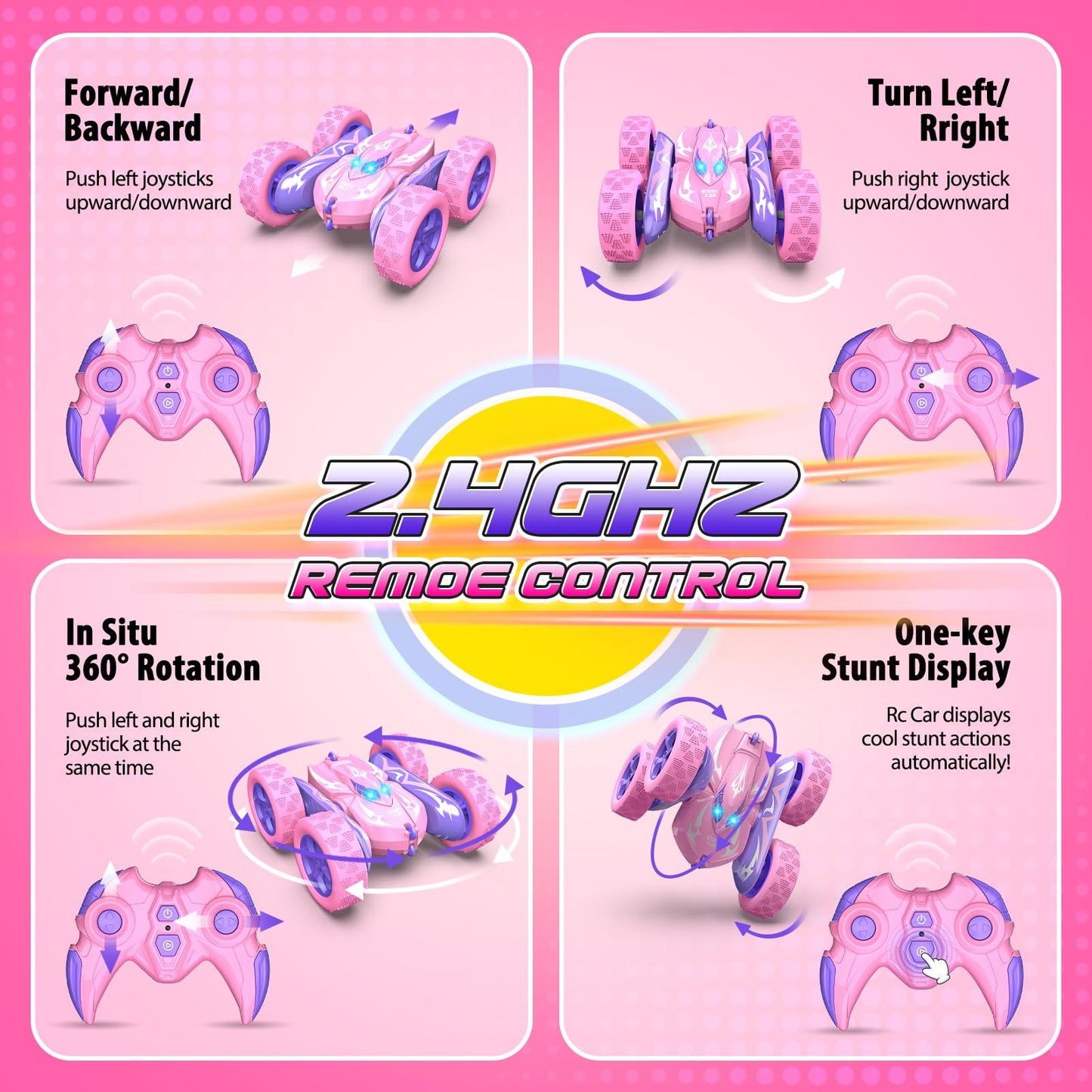 Excitobo Remote Control Car,RC Cars for 4 5 6 7 8 9 10 11 12 Year Old Girl Double Sided 360°Flip 4WD Rechargeable Drift RC Race Car Girls Toys Birthday Gifts Easter Basket Stuffers for Kids Age 4-12