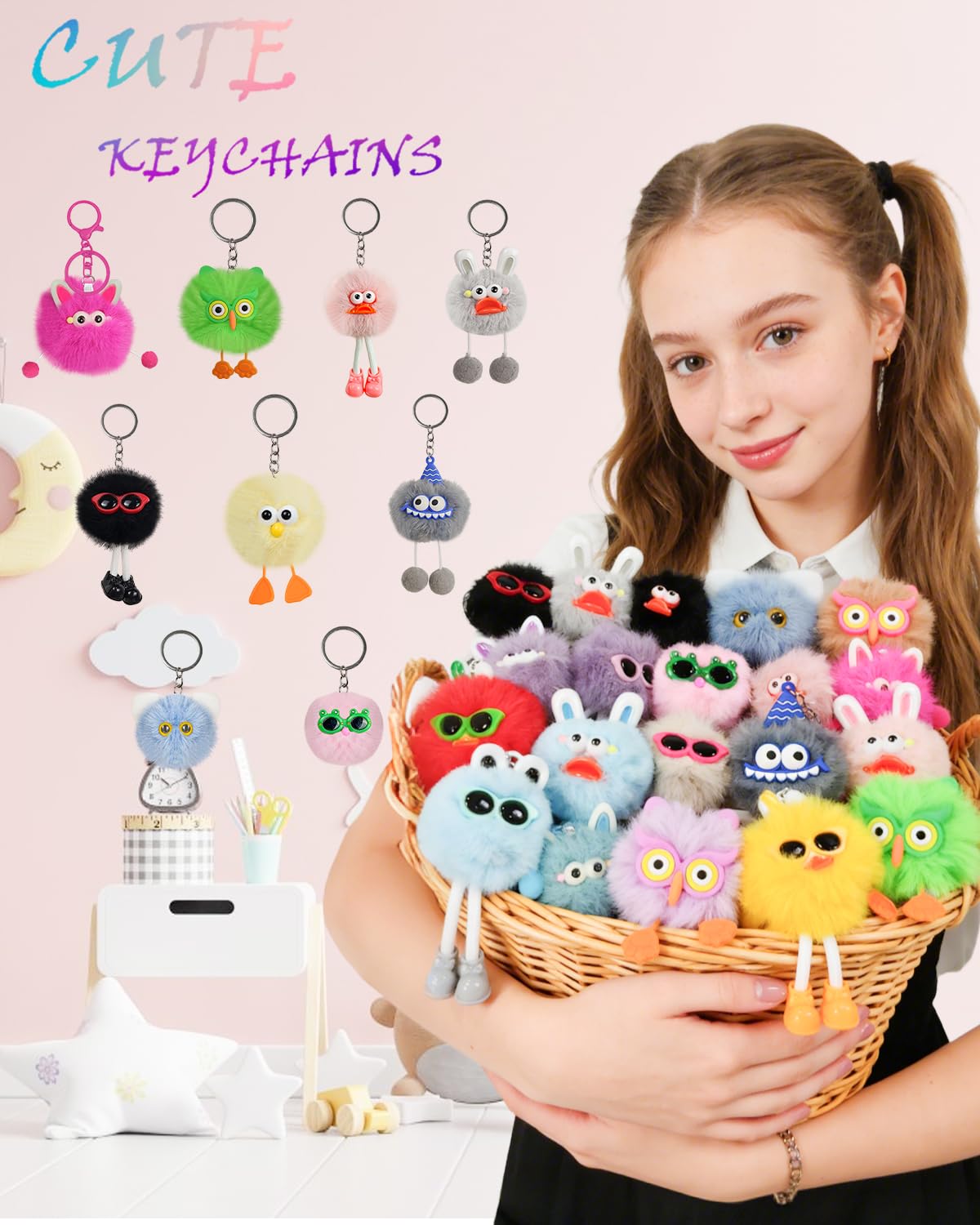 VIEKIER Cute Keychains,20 Pcs Kawaii Birthday Goodie Bags Pinata Keyrings for Classroom Prizes Party Favors for adult