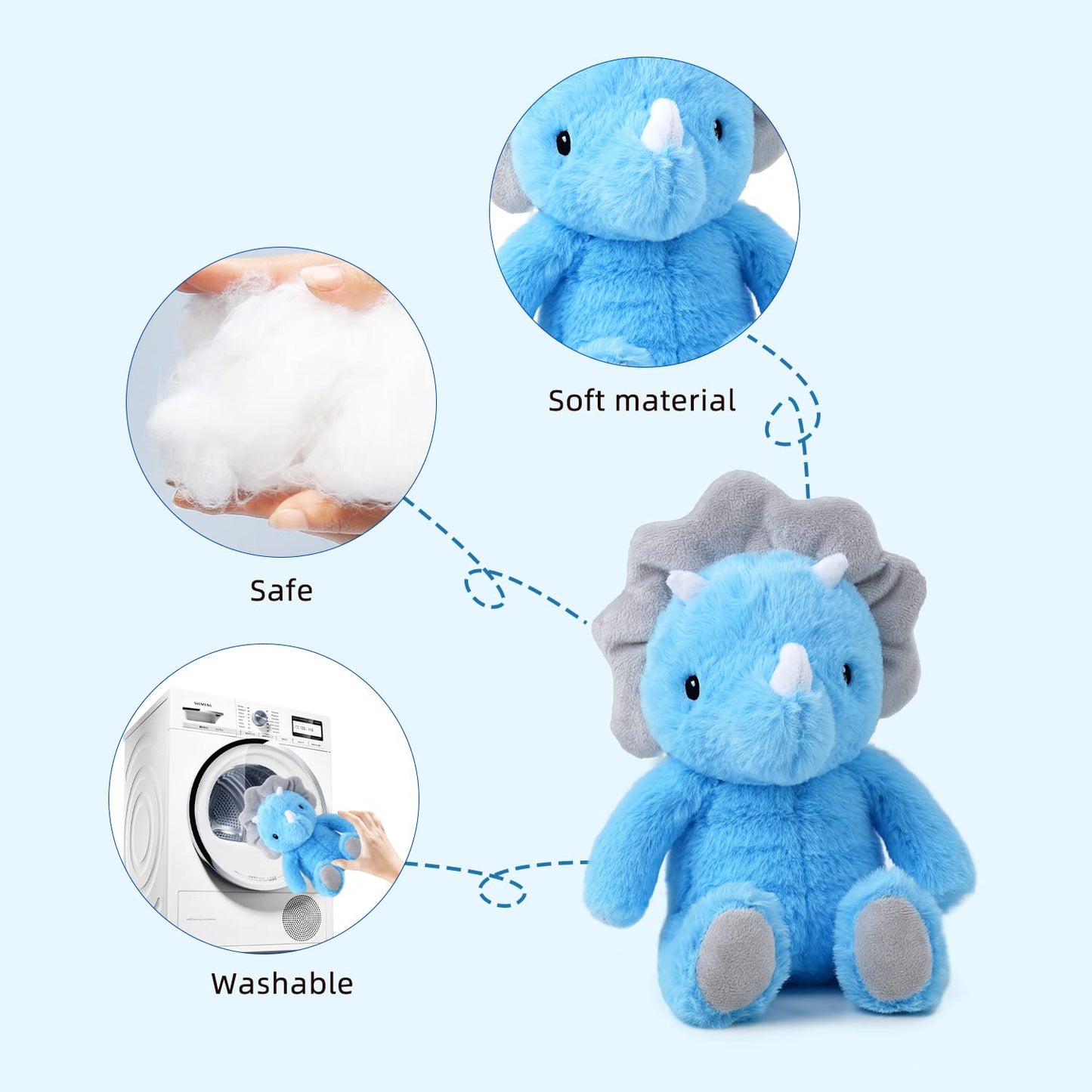 VANLINNY Dinosaur Stuffed Animals, Blue Dinosaurs Toy for Kids 3-5, Cute 9" Triceratops Stuffed Baby Plush, Soft and Comfort to Hug, Ideal Christmas Birthday Gift