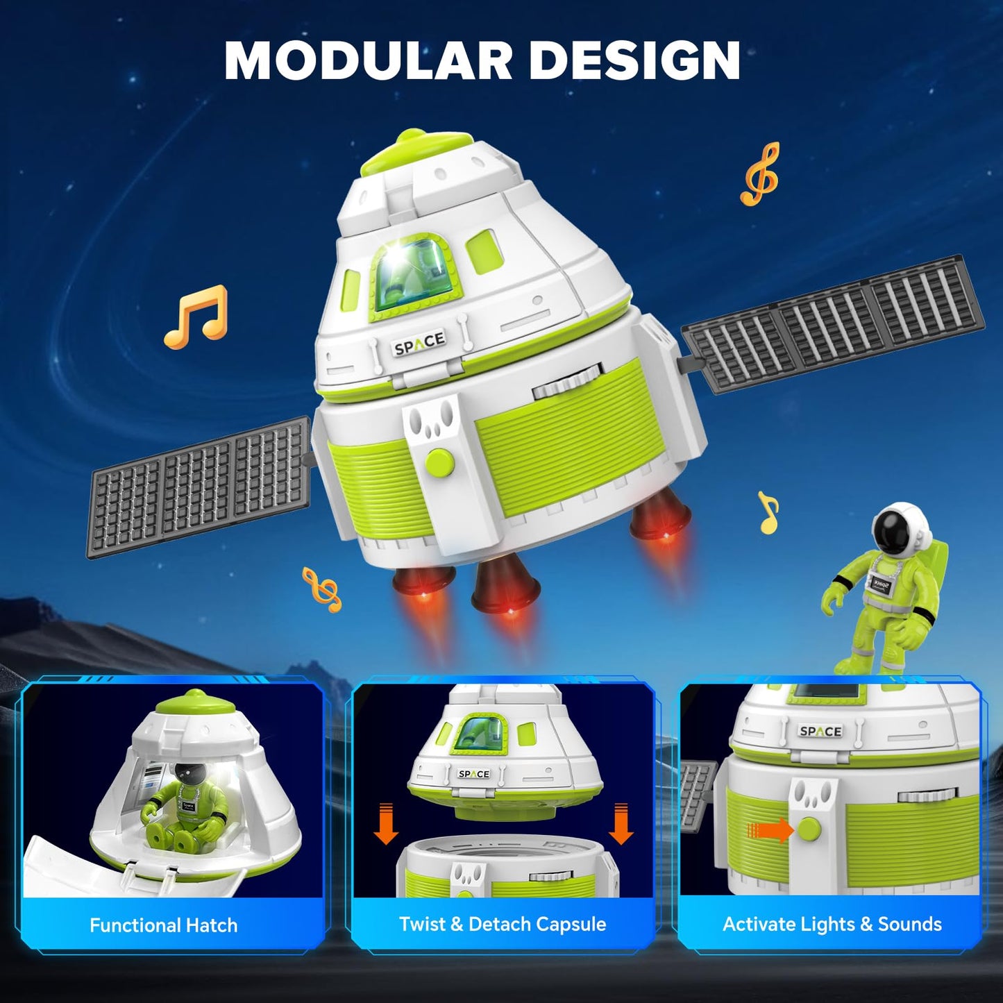 AuntyFey Space Rocket Ship Toys for Kids, Space Toys Shuttle for Kids 3-5-7 with 3 Astronaut Figures, Spaceship with Glowing & Sound Effect, Educational Stem Gift for Boy Girl