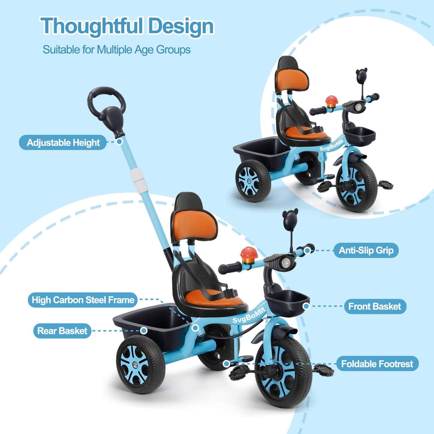 SvgBoMit 2 in 1 Toddler Tricycle with Adjustable Parent Push Handle, Bell, Mirror, Windmill, Floating Belt for Kids, Musical Lights, 3 Wheeled Stroller Gift for Kids 2-5 Years (EVA Wheels) (Red)