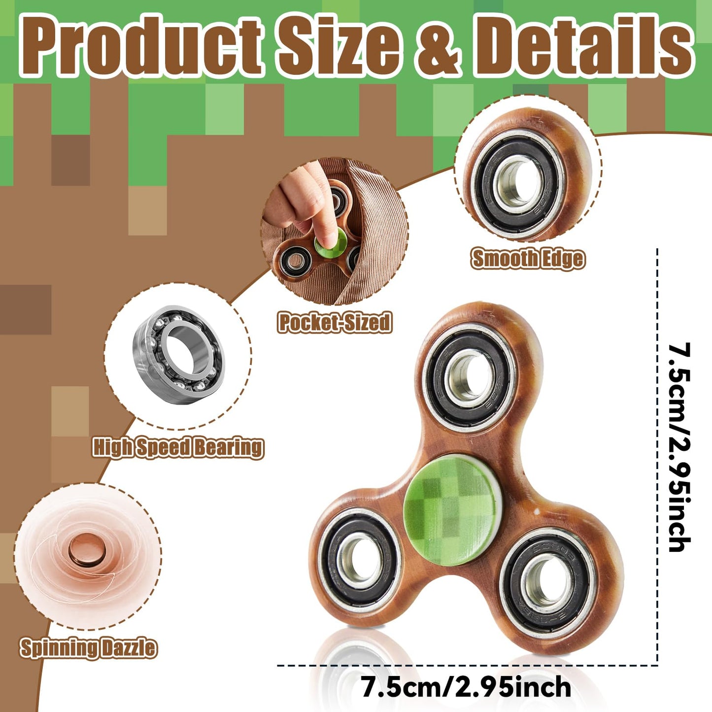 party greeting 12Pack Mining Themed Fidget Spinner Set Pixel Inspired Fidget Spinners Toy Bulk Anxiety Toys Pixel Party Favors for Kids/Adults,Stress Reduction and Anxiety Relief Birthday Gifts