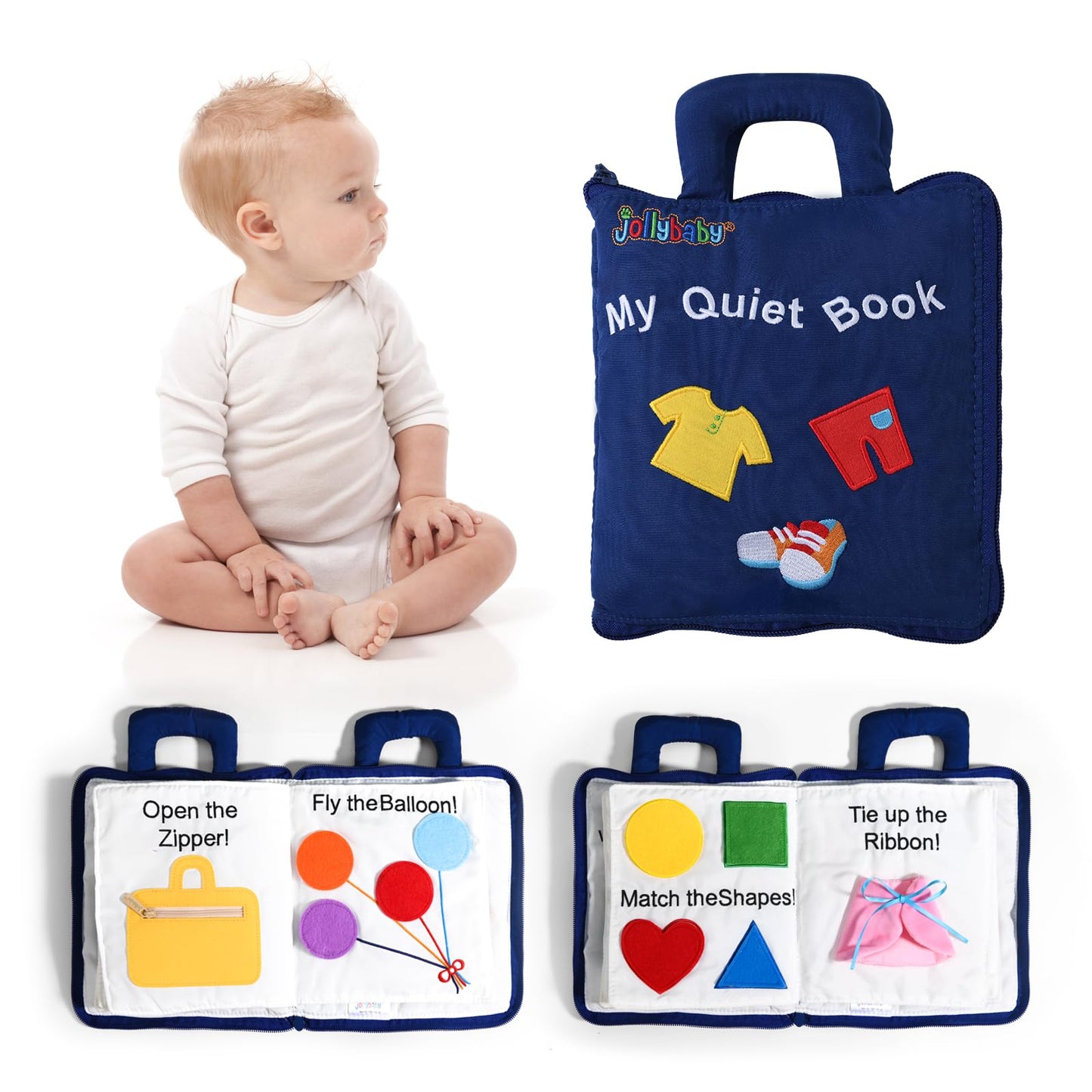 Jollybaby 10 Page Baby Soft Busy Books -My Quiet Book, Travel Toy & Montessori Sensory Educational, Preschool Learning Activities Toy for 1 2 3 Year Old Toddlers Boy Girl(Blue)