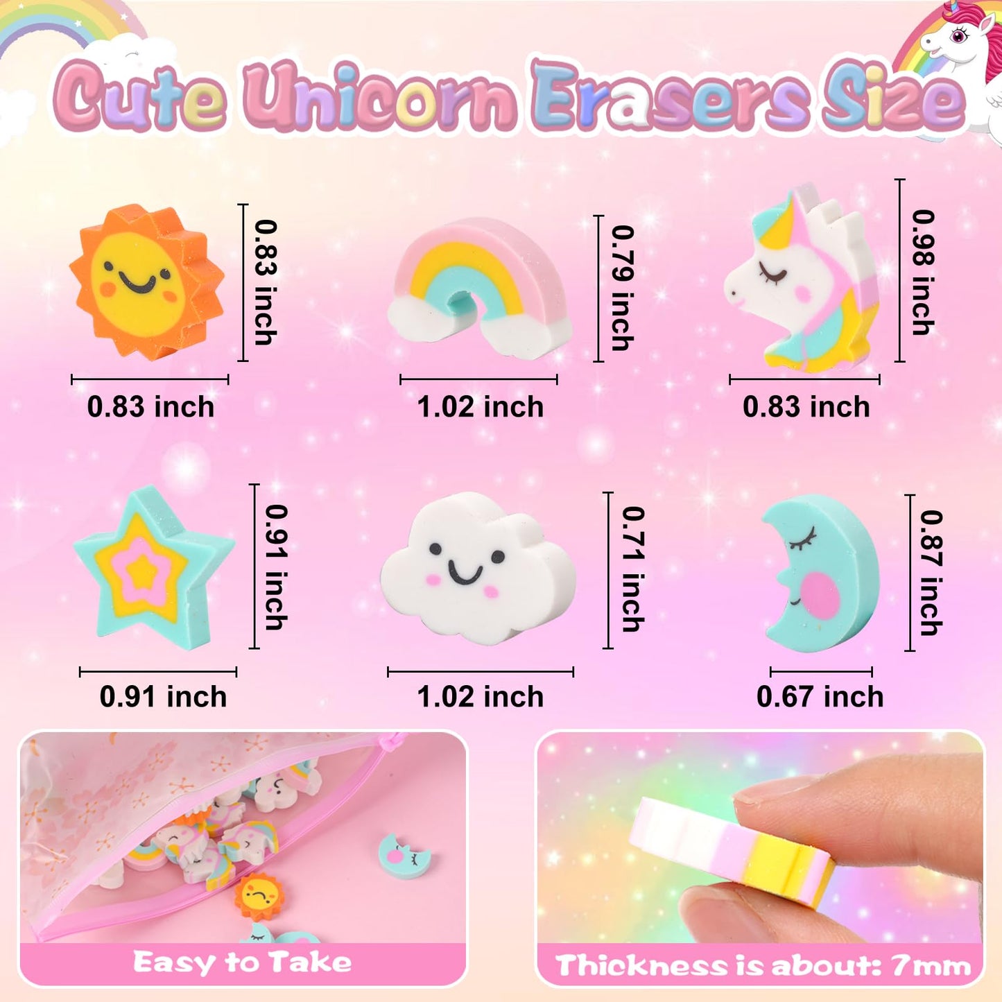 Wolpoark Unicorn Erasers for Kids 48pcs Bulk Rainbow Moon Star Cute Novelty Pencil Erasers for Thanksgiving Girls Student Ofiice Back to School Supplies Classroom Prizes Party Favors