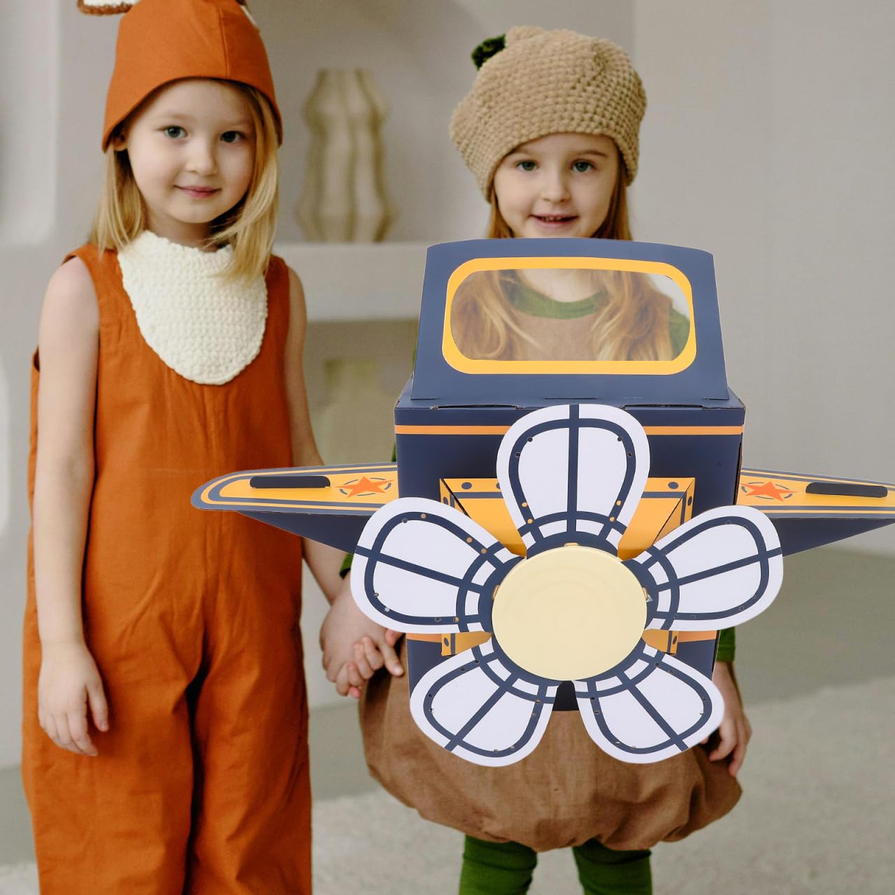 SAFIGLE Children Wearable Cardboard Plane: Airplane Costume for Kids DIY Paper Aircraft with Rotating Fan - Cardboard Car Fun Outdoor Play and Learning Experience Flying Airplanes for Kids Blue
